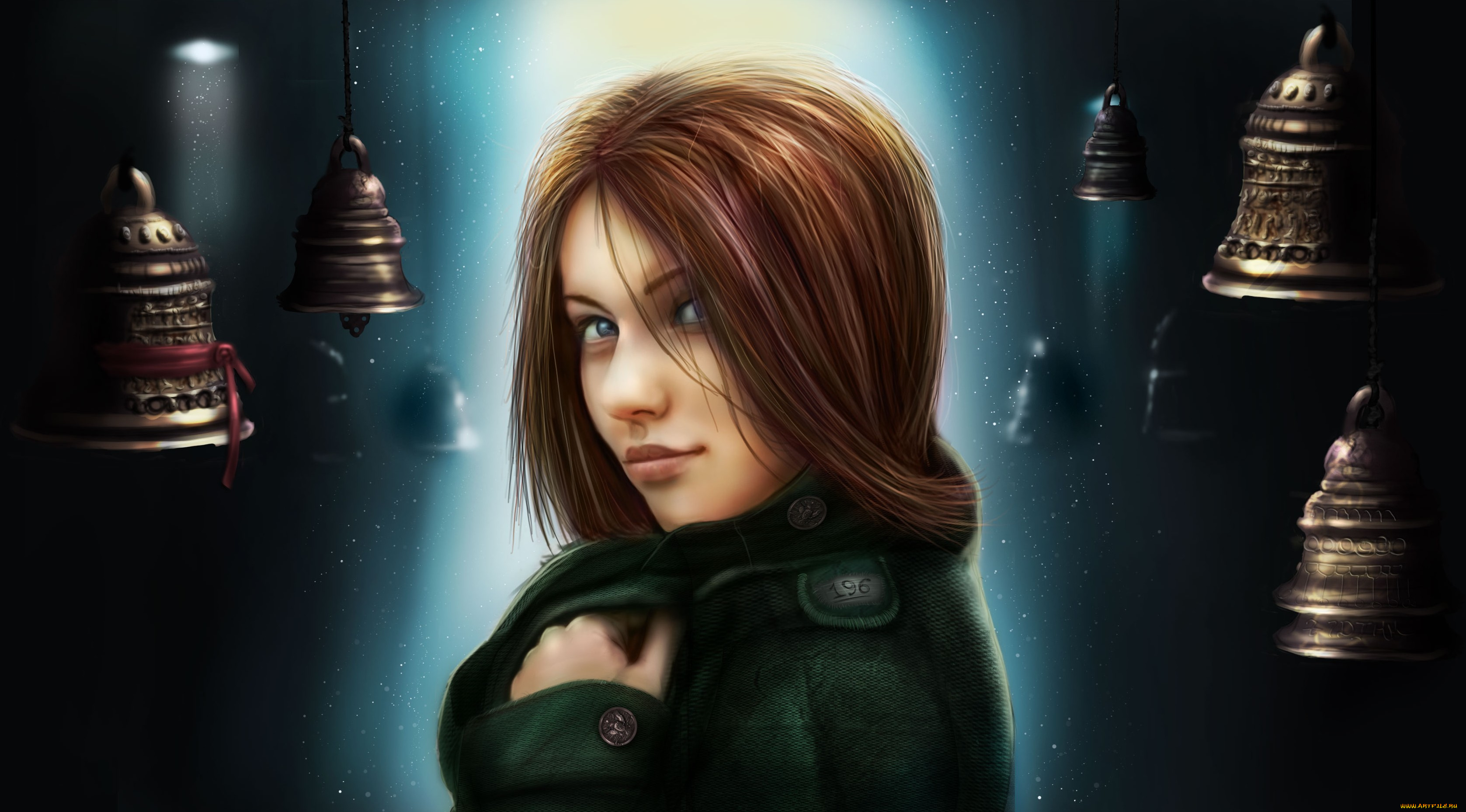 рисованное, люди, колокольчики, арт, девушка, свет, висят, лента