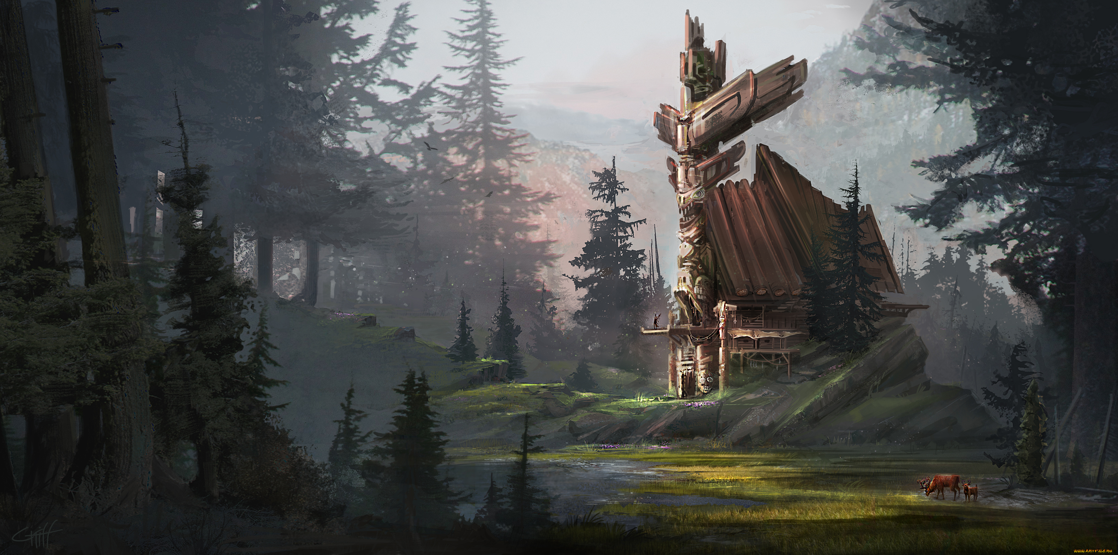 фэнтези, иные, миры, , иные, времена, мир, иной, олени, лес, тотем, дом