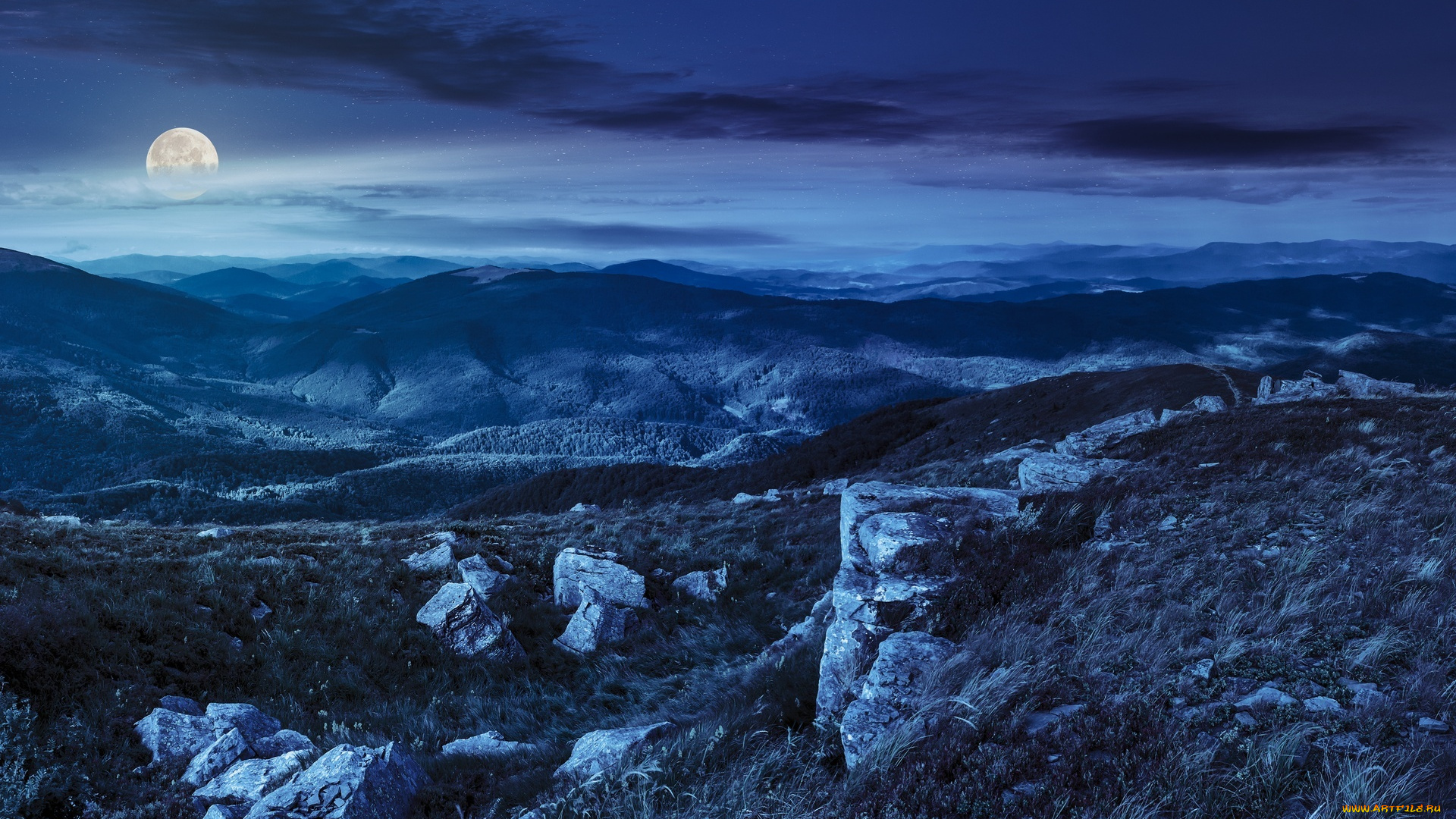 природа, горы, камни, небо, луна, ночь, трава