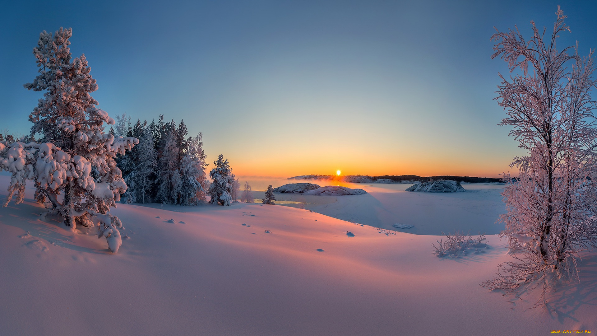 природа, зима, закат, деревья, снег
