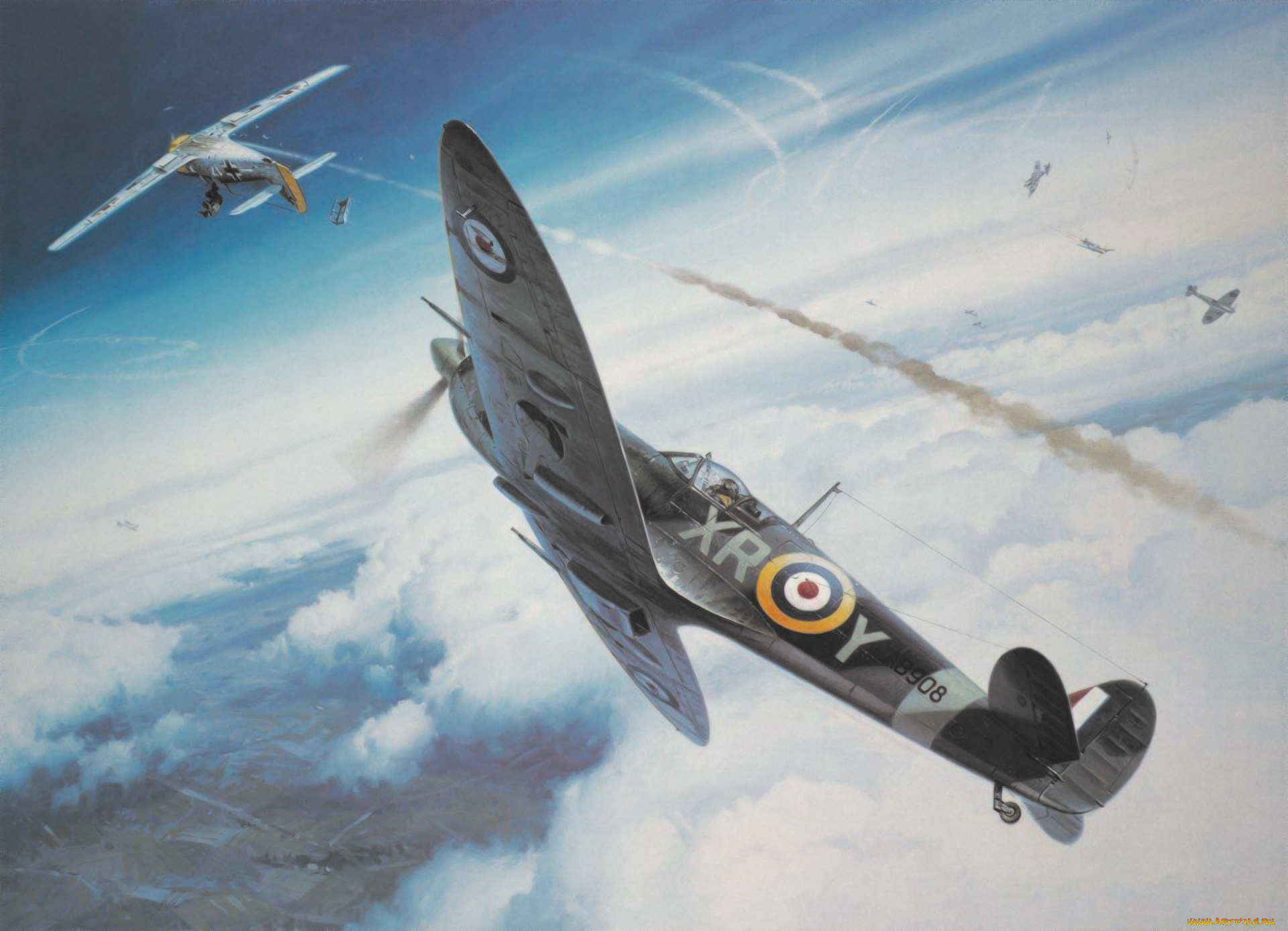 рисованное, авиация, dogfight, painting, ww2, war, art, spitfire