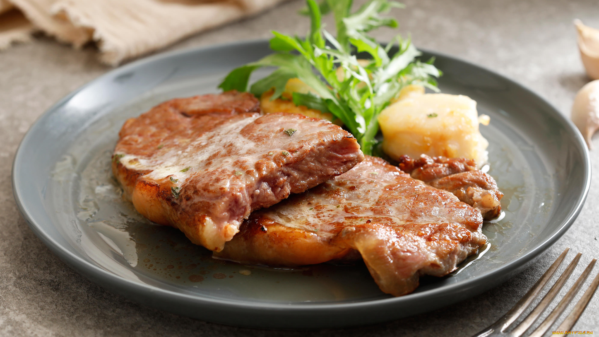 еда, мясные, блюда, стейк, зелень, столовый, прибор