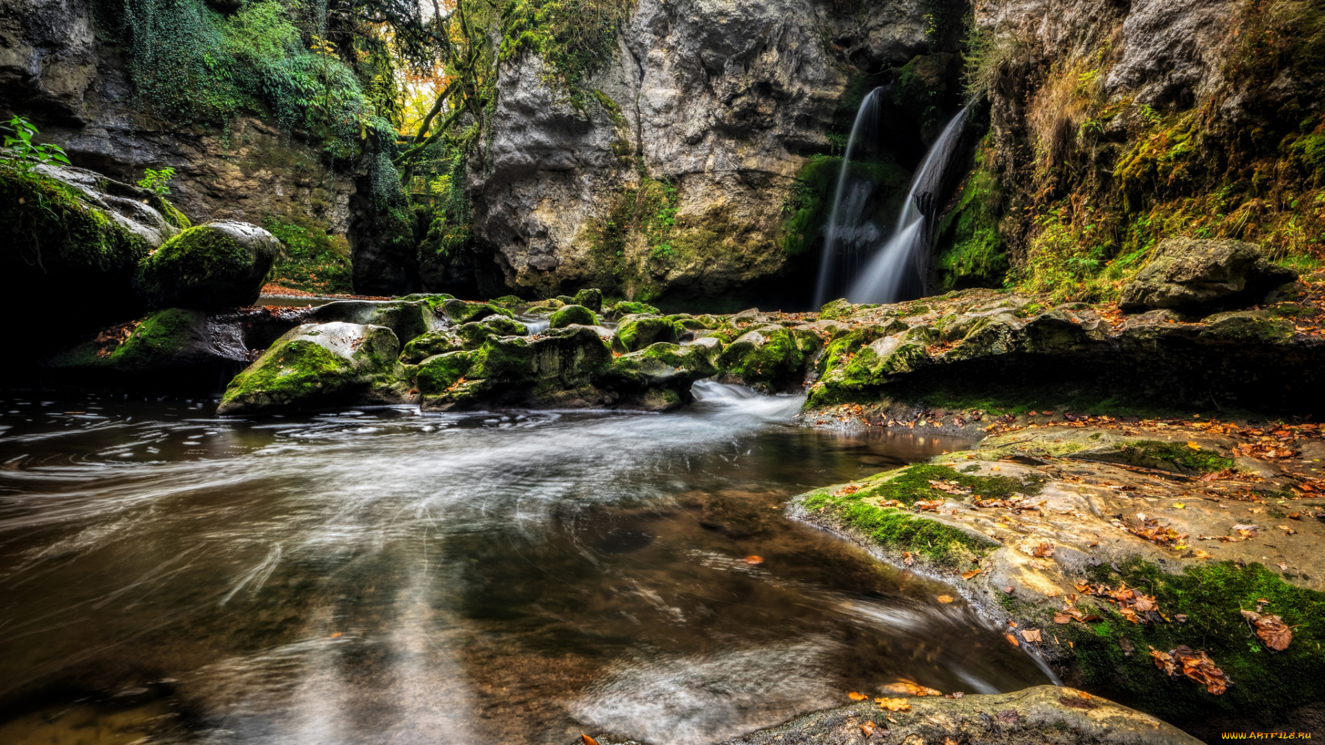 природа, водопады, скала, мох, камни, водопад