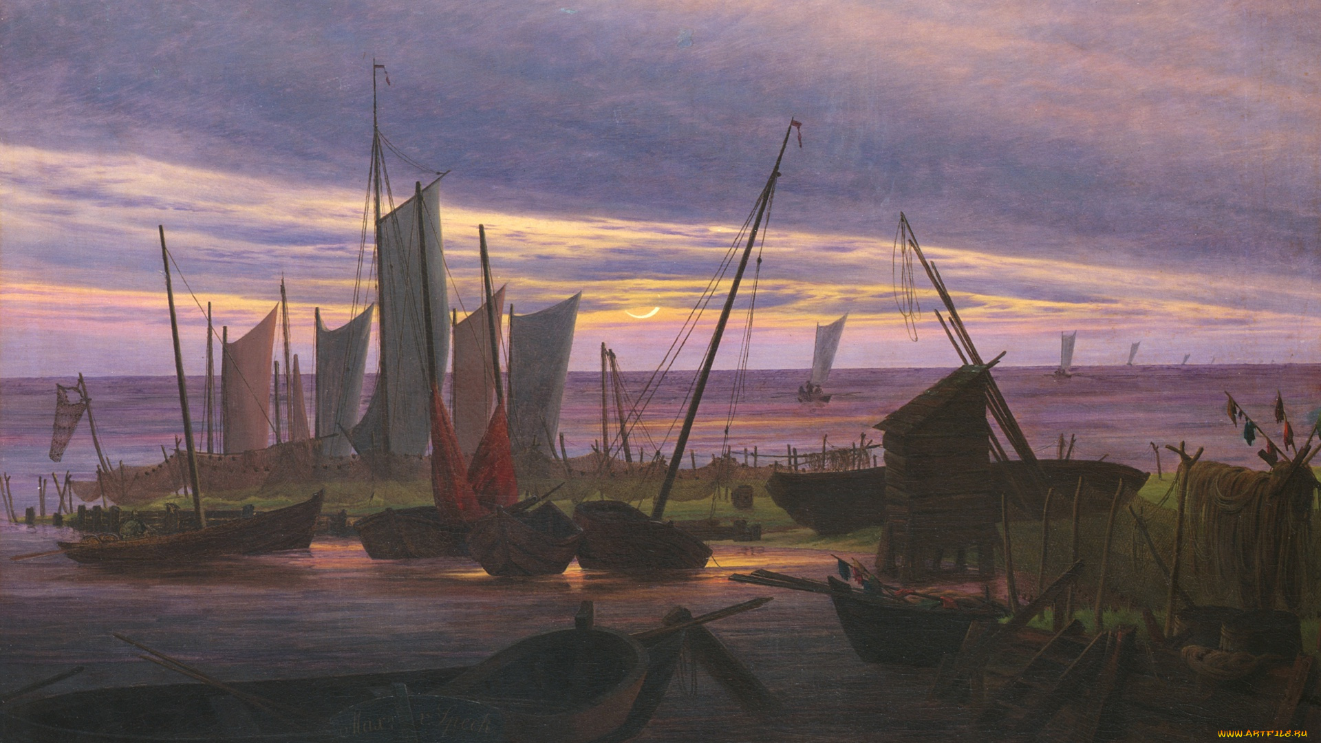 рисованное, живопись, картина, каспар, давид, фридрих, морской, пейзаж, парус, лодки, в, гавани, вечером