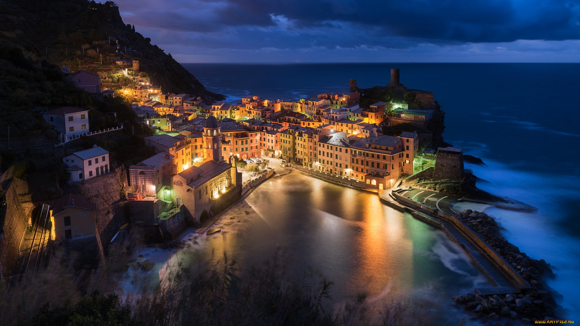vernazza, города, -, огни, ночного, города, побережье