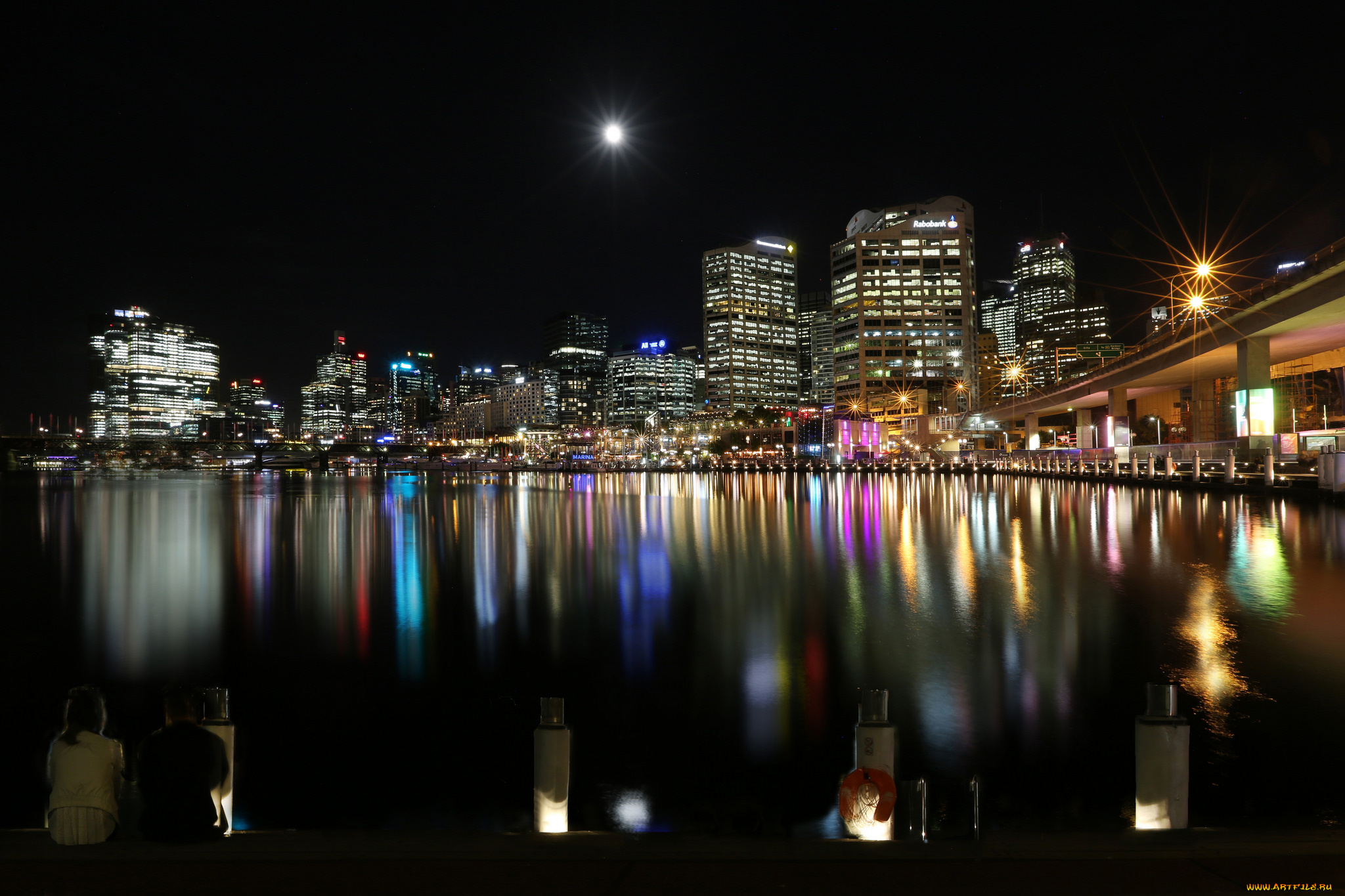 города, -, огни, ночного, города, ночь, луна