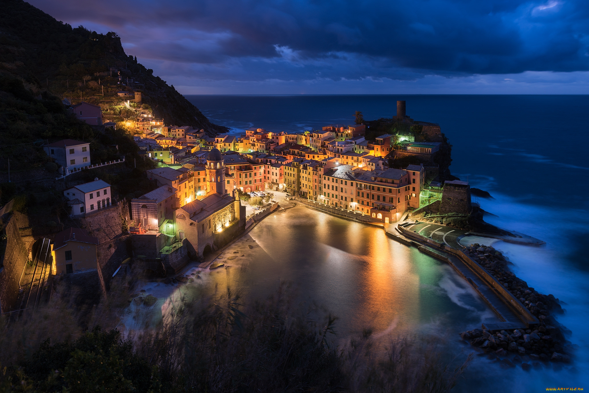 vernazza, города, -, огни, ночного, города, побережье