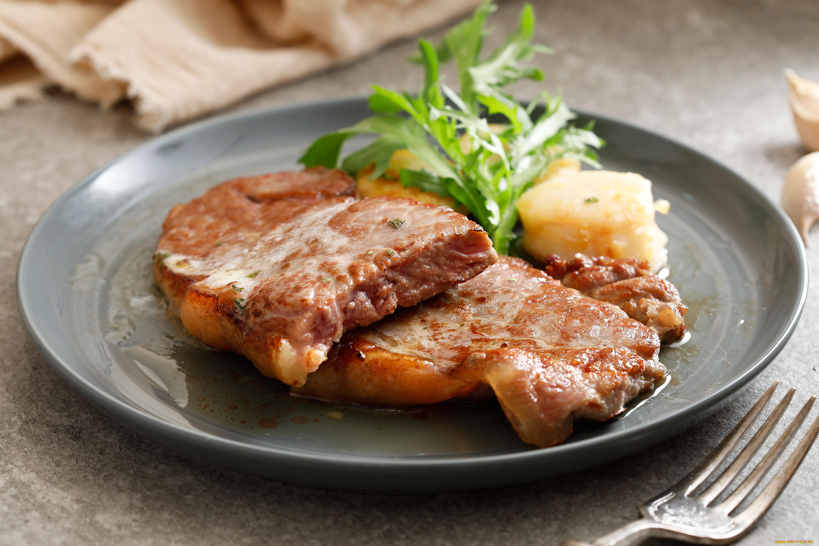 еда, мясные, блюда, стейк, зелень, столовый, прибор