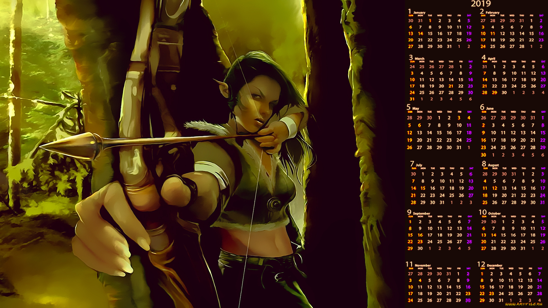 календари, фэнтези, лук, стрела, девушка