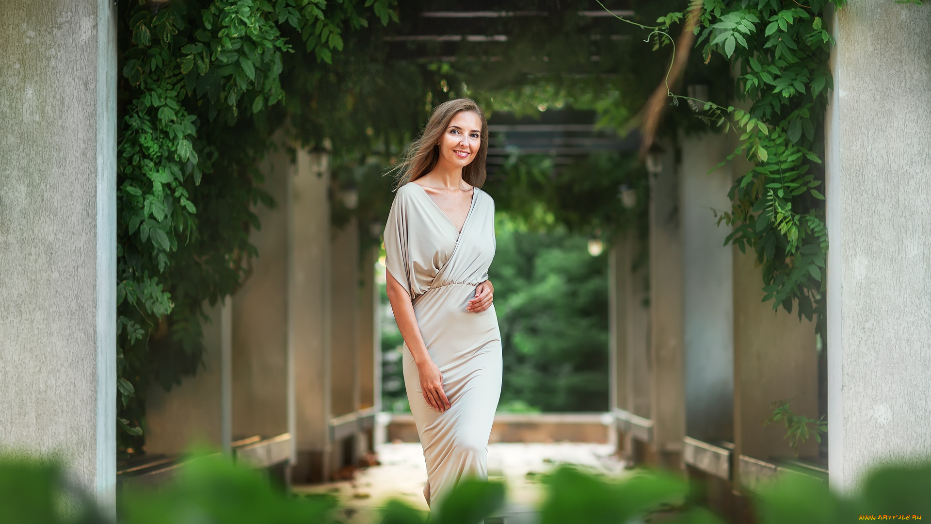 девушки, -, блондинки, , светловолосые, русая, платье, колонны, лианы