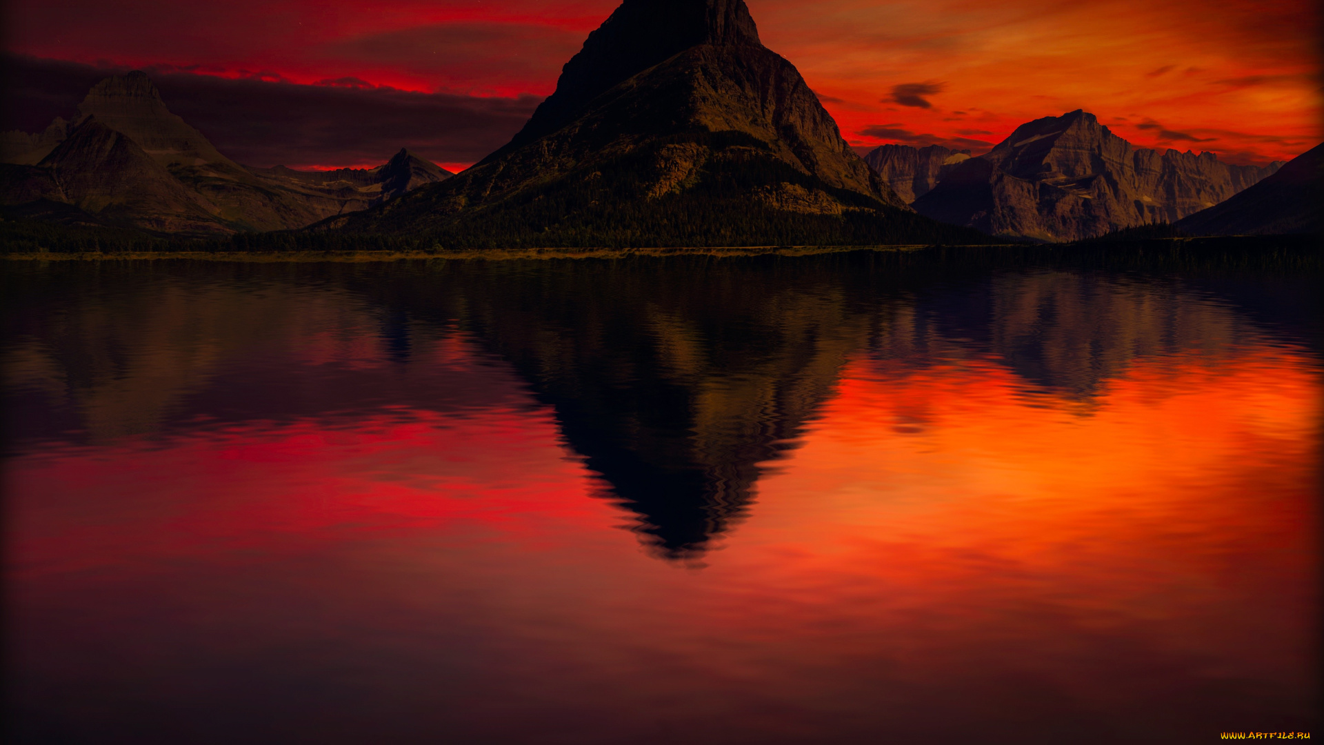 природа, восходы, закаты, вечер, горы, закат, отражение, небо, багряное, красное, пейзаж, вода, красота