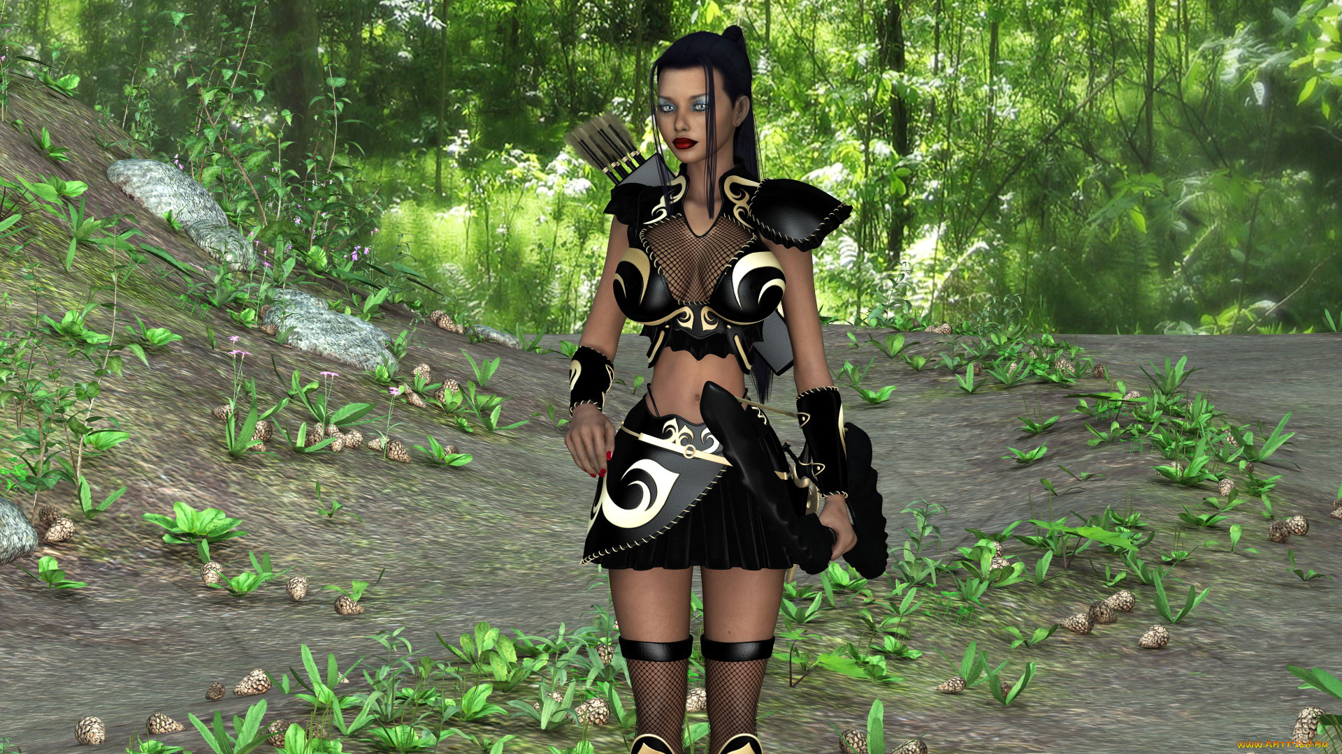 3д, графика, амазонки, , amazon, девушка, фон, взгляд, лес, униформа, лук, стрелы