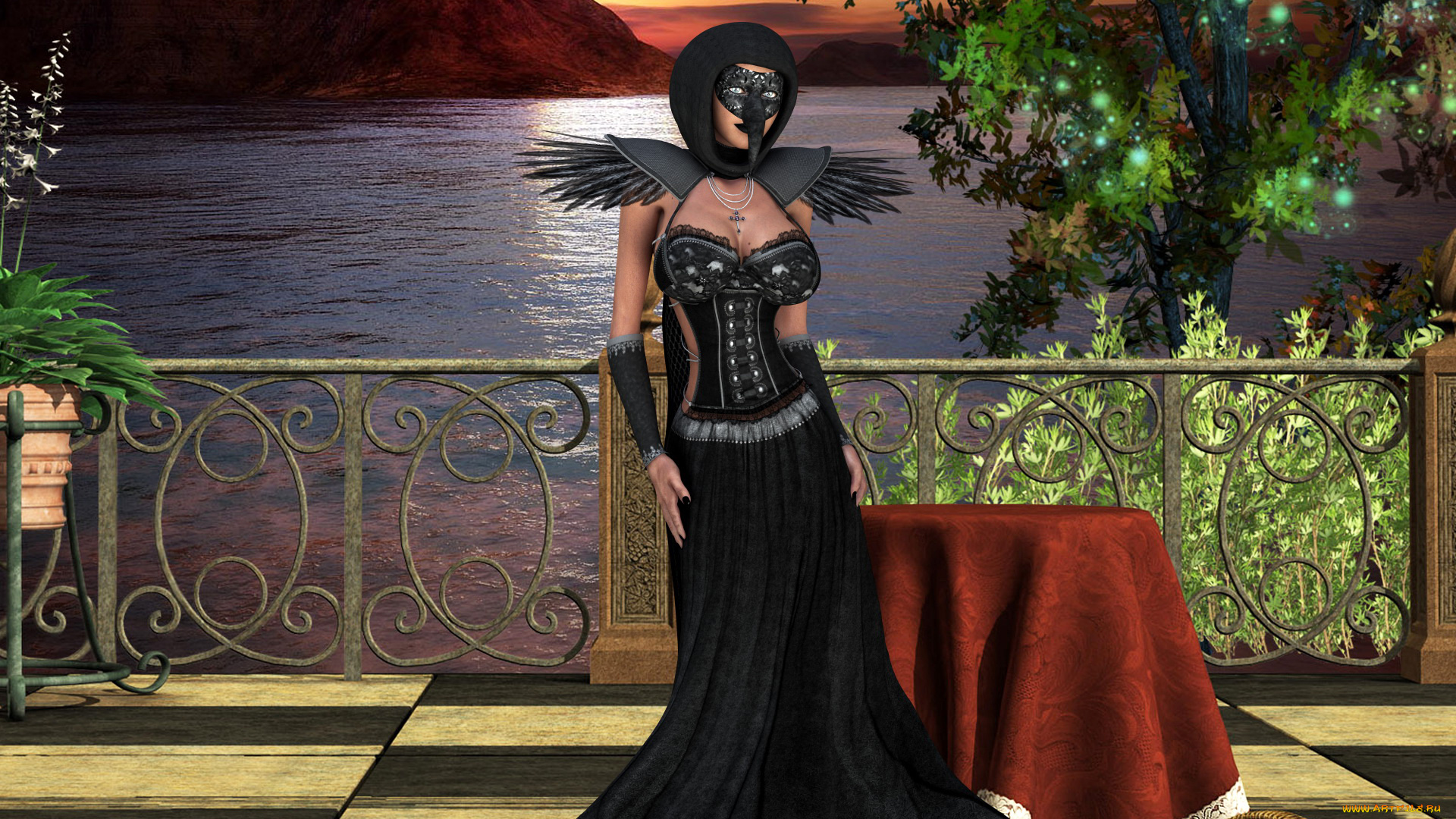 3д, графика, фантазия, , fantasy, девушка, фон, озеро, маска, платье