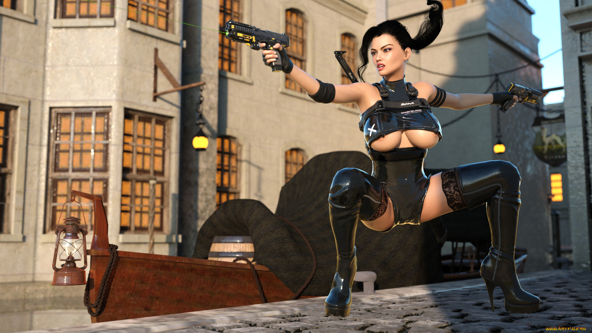 3д, графика, фантазия, , fantasy, девушка, фон, униформа, пистолет