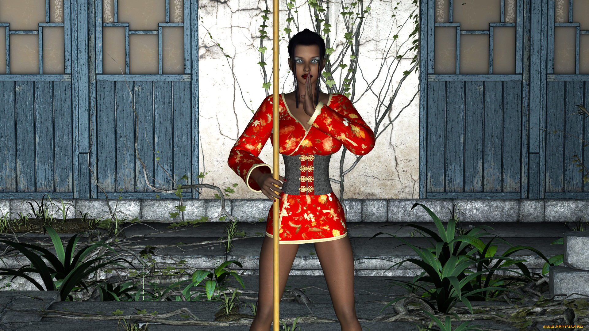 3д, графика, люди, , people, девушка, фон, взгляд, кимоно