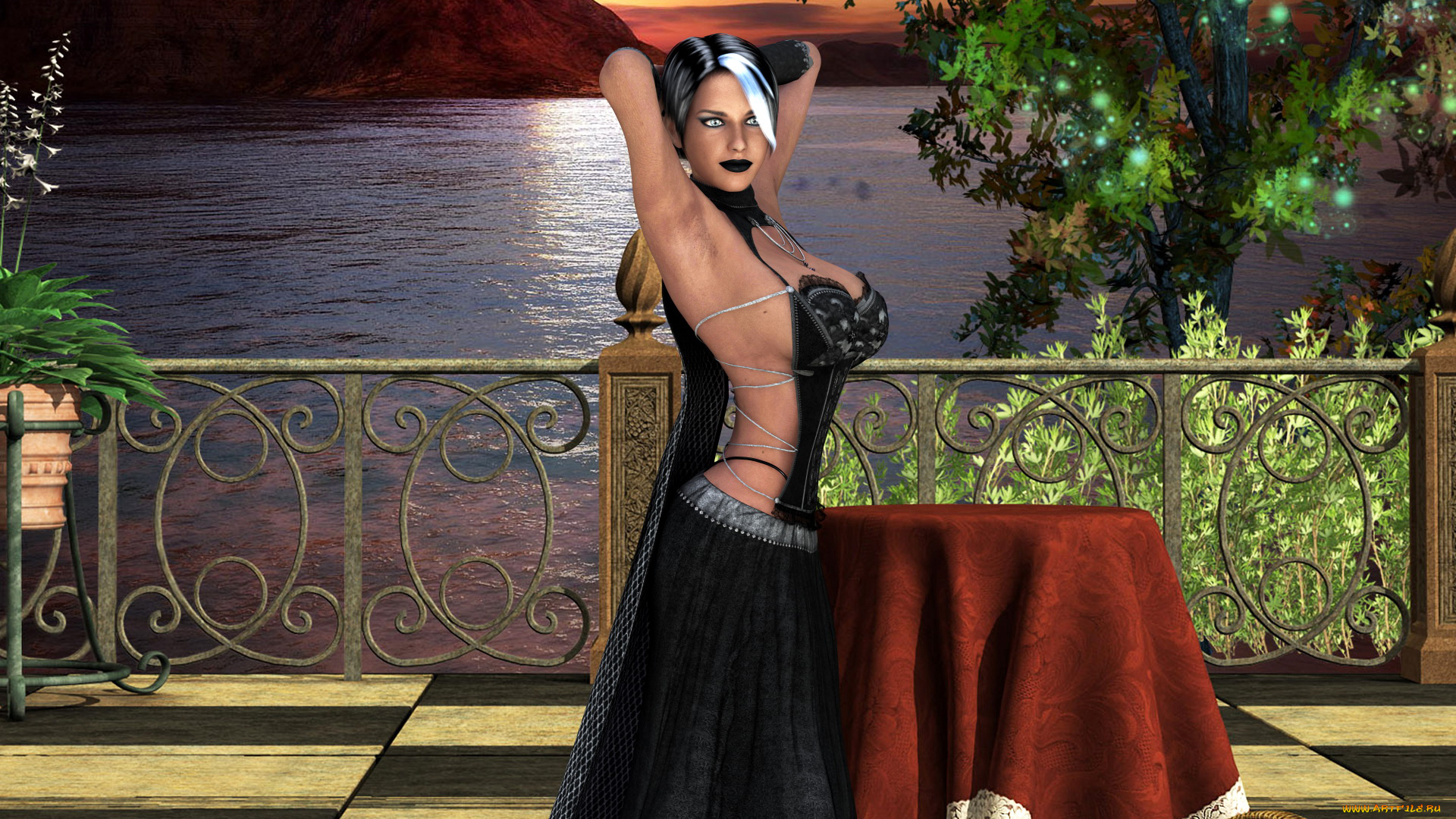 3д, графика, люди, , people, девушка, фон, взгляд, платье, озеро