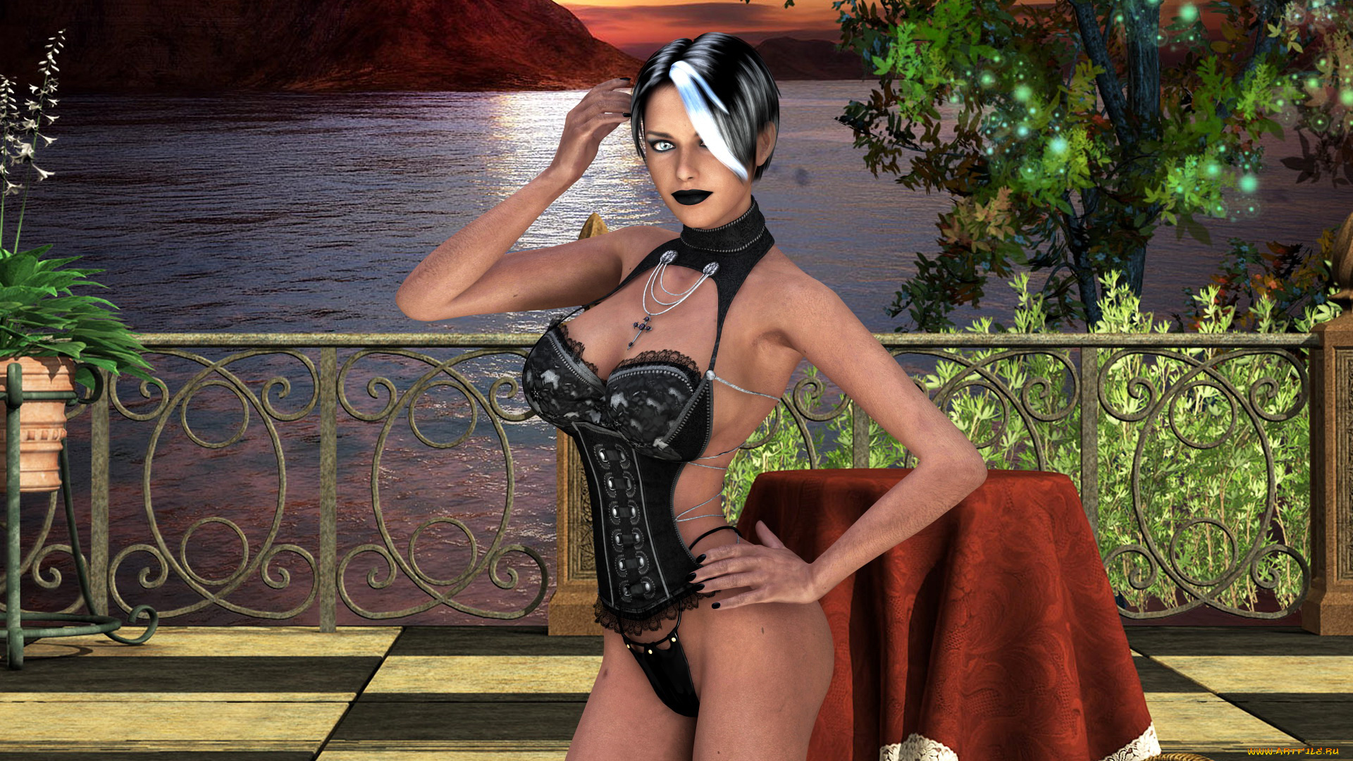 3д, графика, люди, , people, девушка, фон, взгляд, корсет, озеро