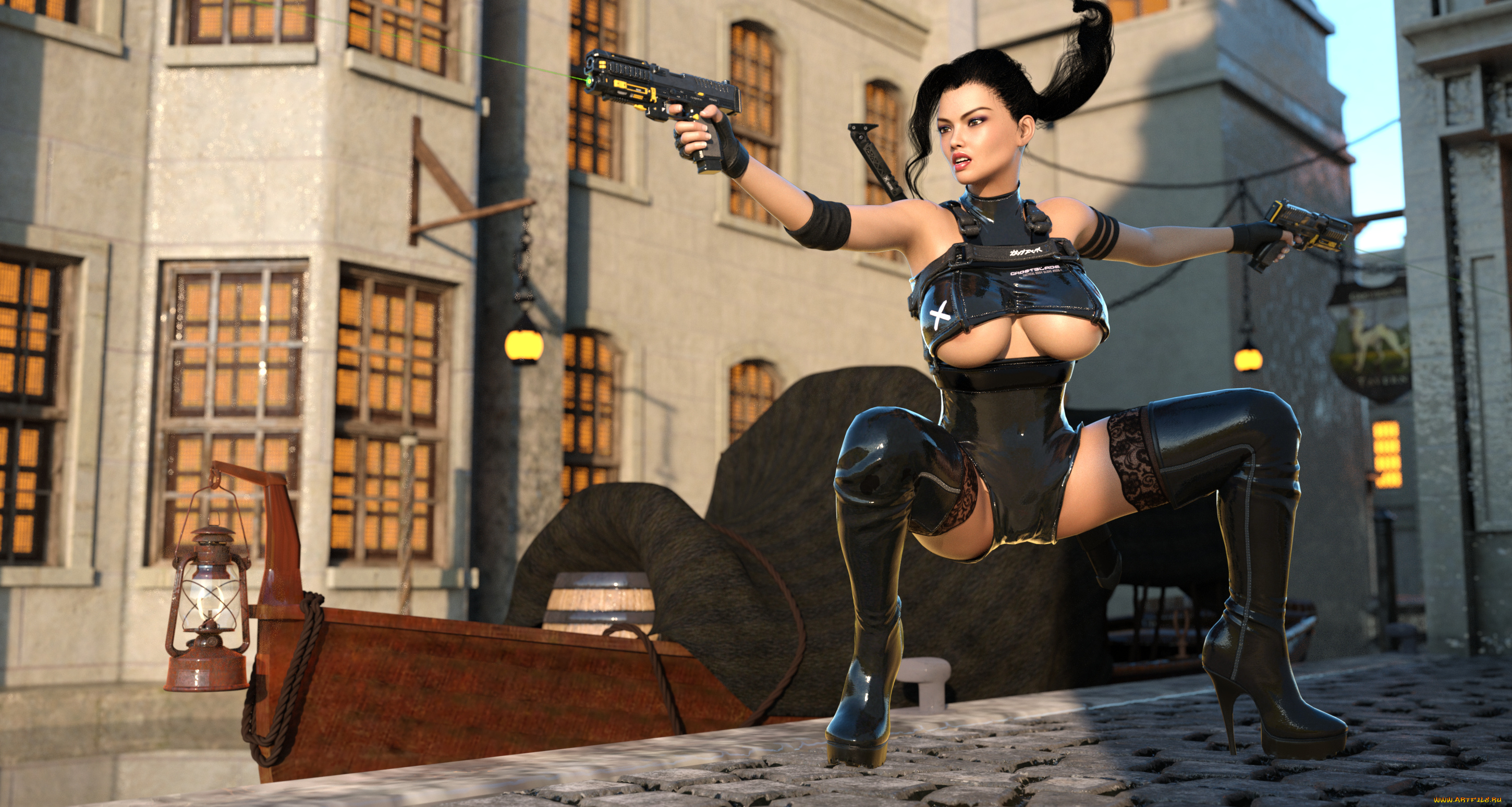 3д, графика, фантазия, , fantasy, девушка, фон, униформа, пистолет