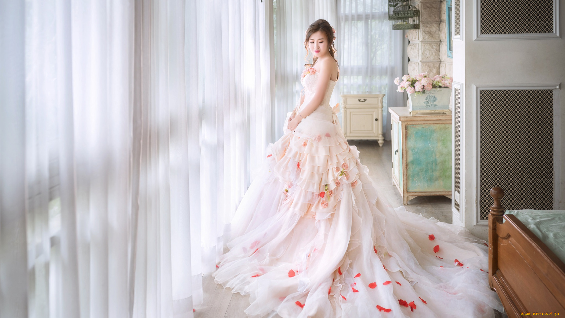 девушки, -, азиатки, азиатка, невеста, свадебное, платье