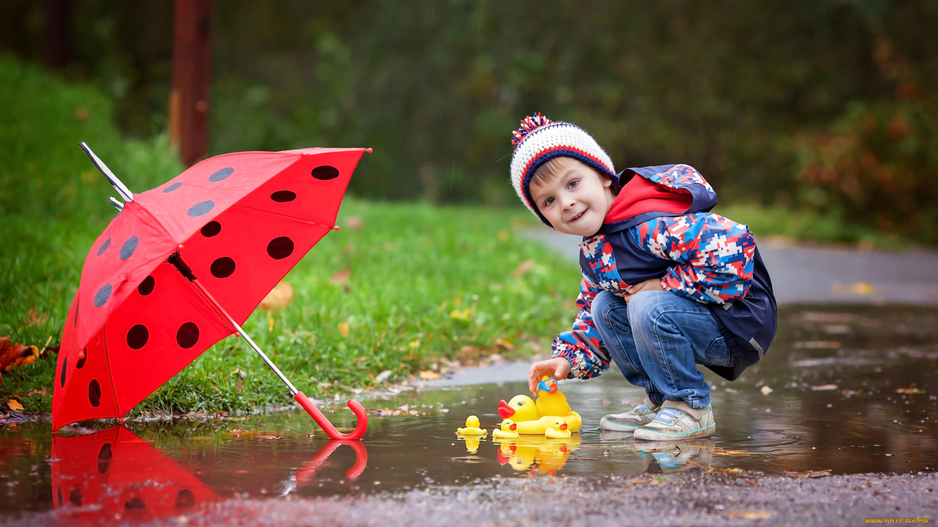 разное, дети, зонт, мальчик, игрушка, лужа