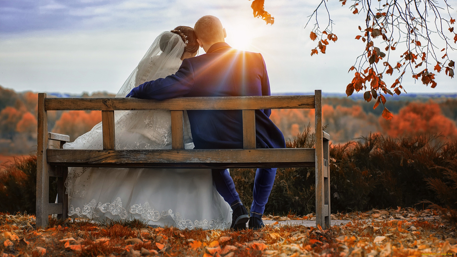 разное, мужчина, женщина, осень, листопад, скамейка, новобрачные, фата