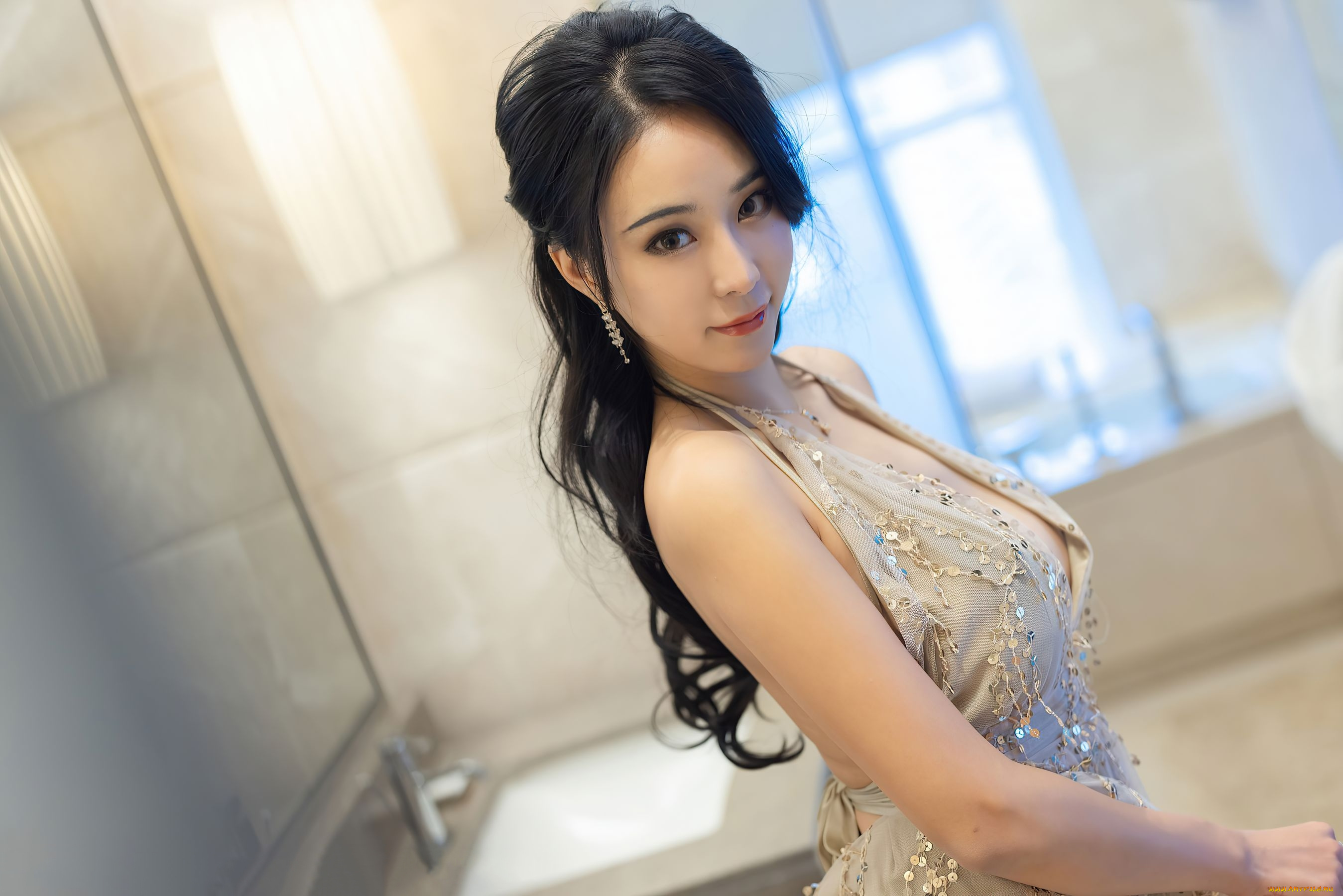 девушки, -, азиатки, азиатка, платье, взгляд