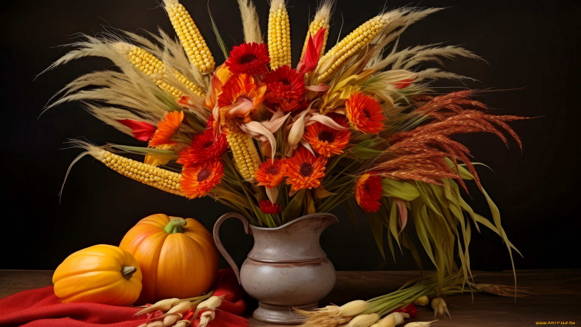 еда, натюрморт, букет, тыква, кукуруза, початки