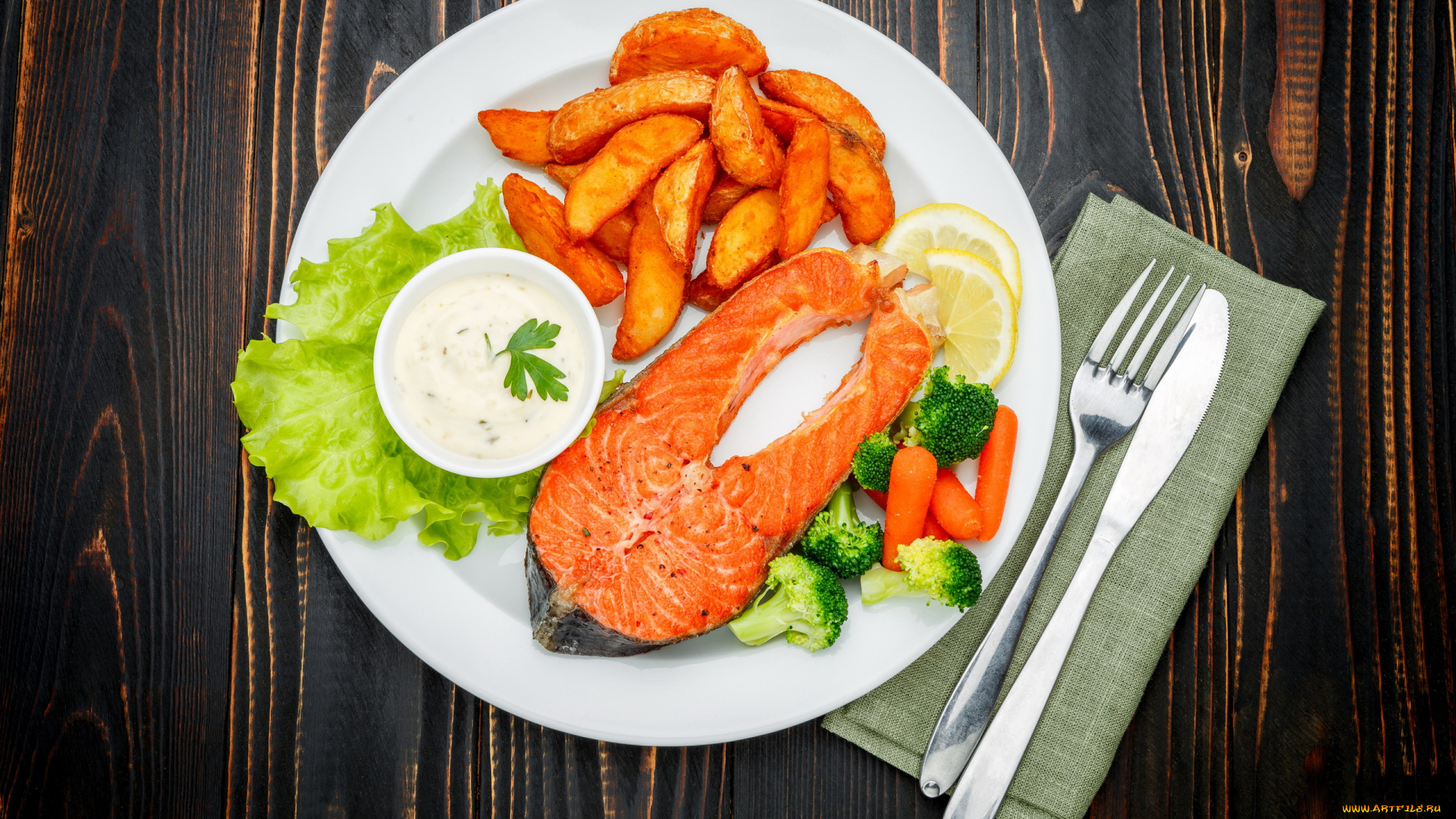 еда, рыбные, блюда, , с, морепродуктами, соус, форель, брокколи, лимон