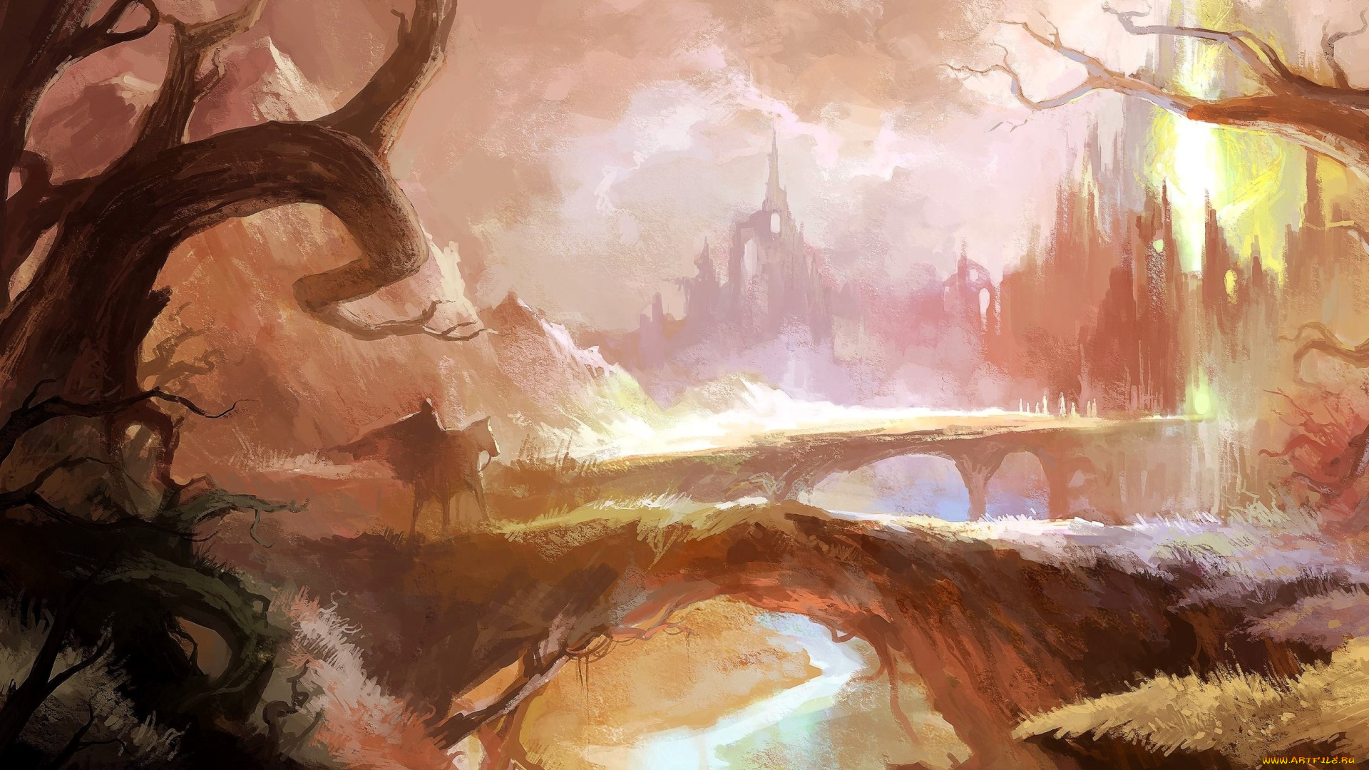 фэнтези, иные, миры, , иные, времена, всадник, деревья, скалы, мост, замок