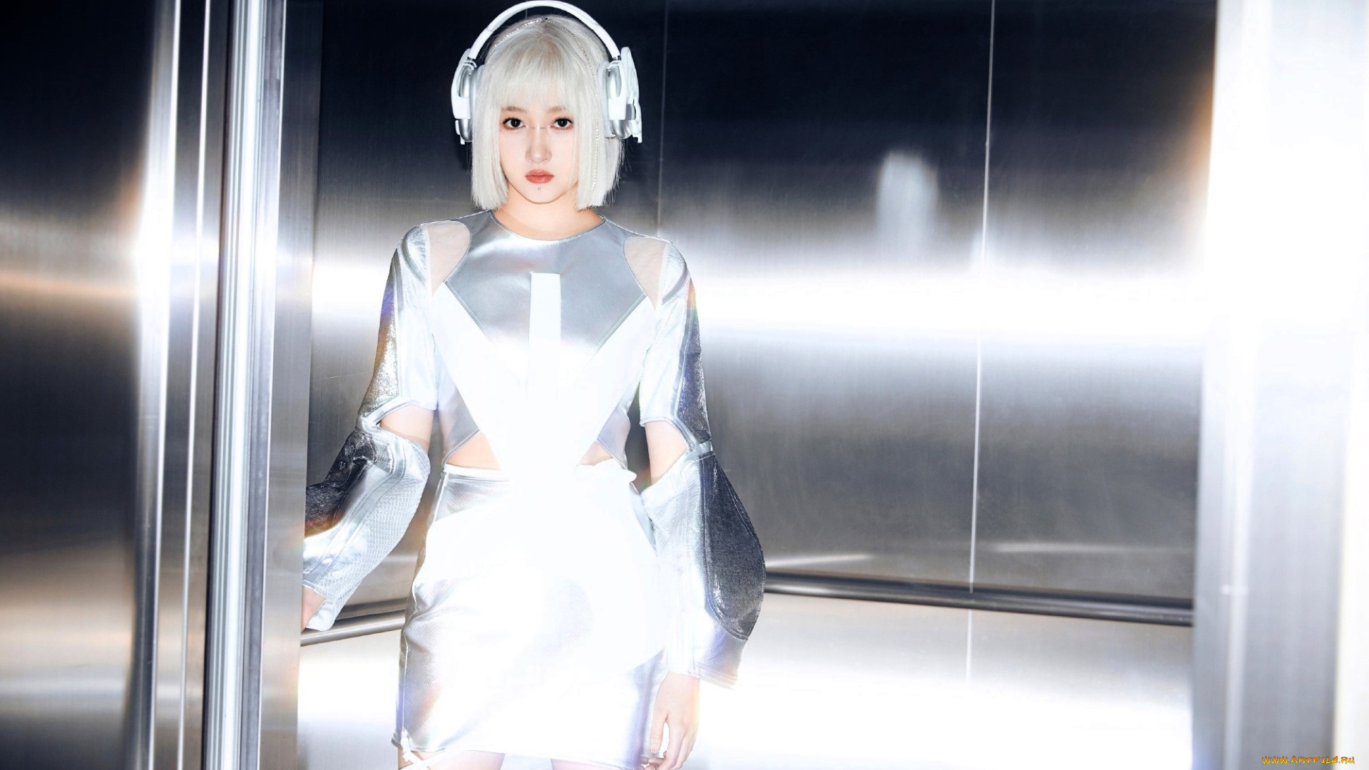 guan, xiao, tong, девушки, -, азиатки, блондинка, наушники, платье, лифт