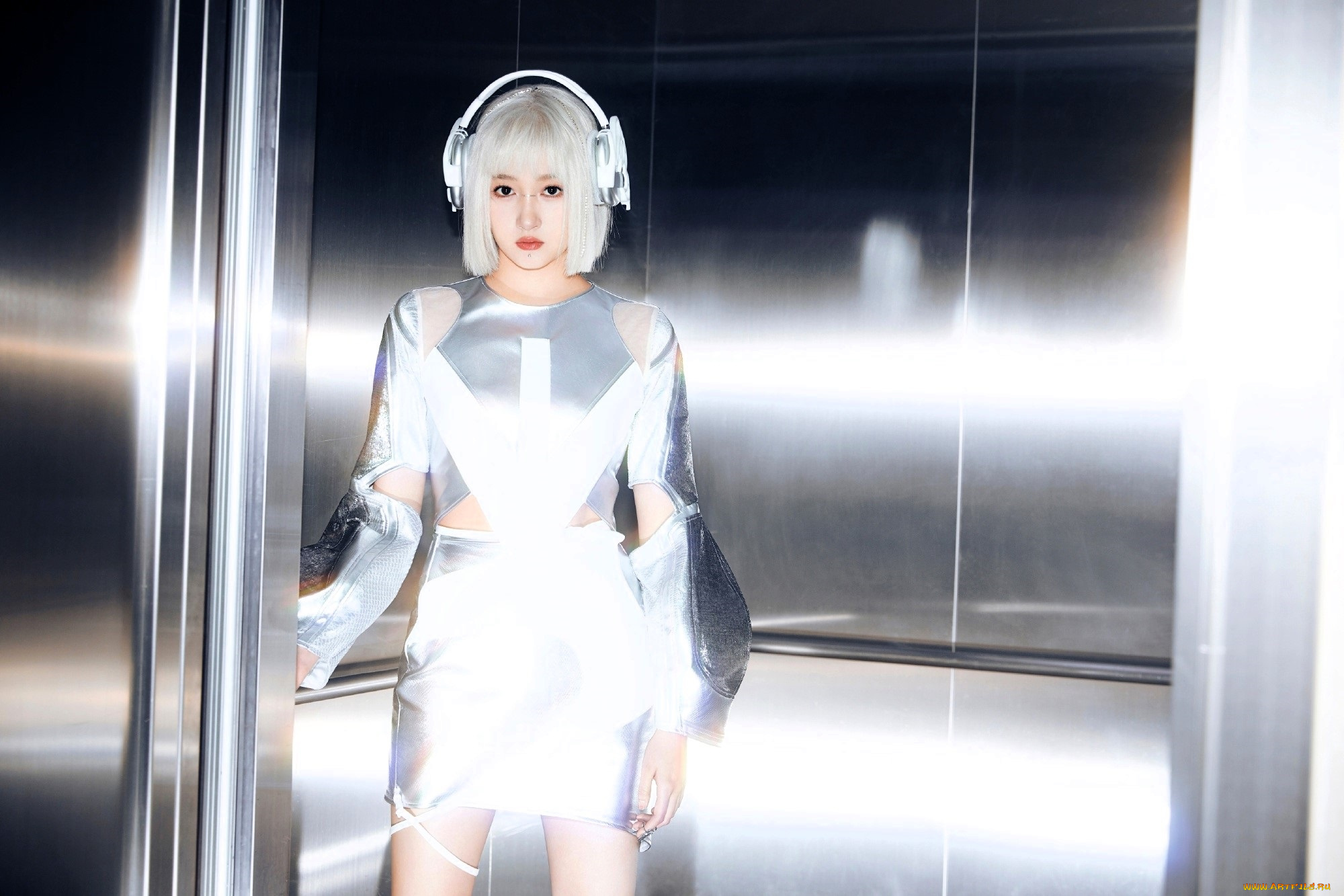 guan, xiao, tong, девушки, -, азиатки, блондинка, наушники, платье, лифт