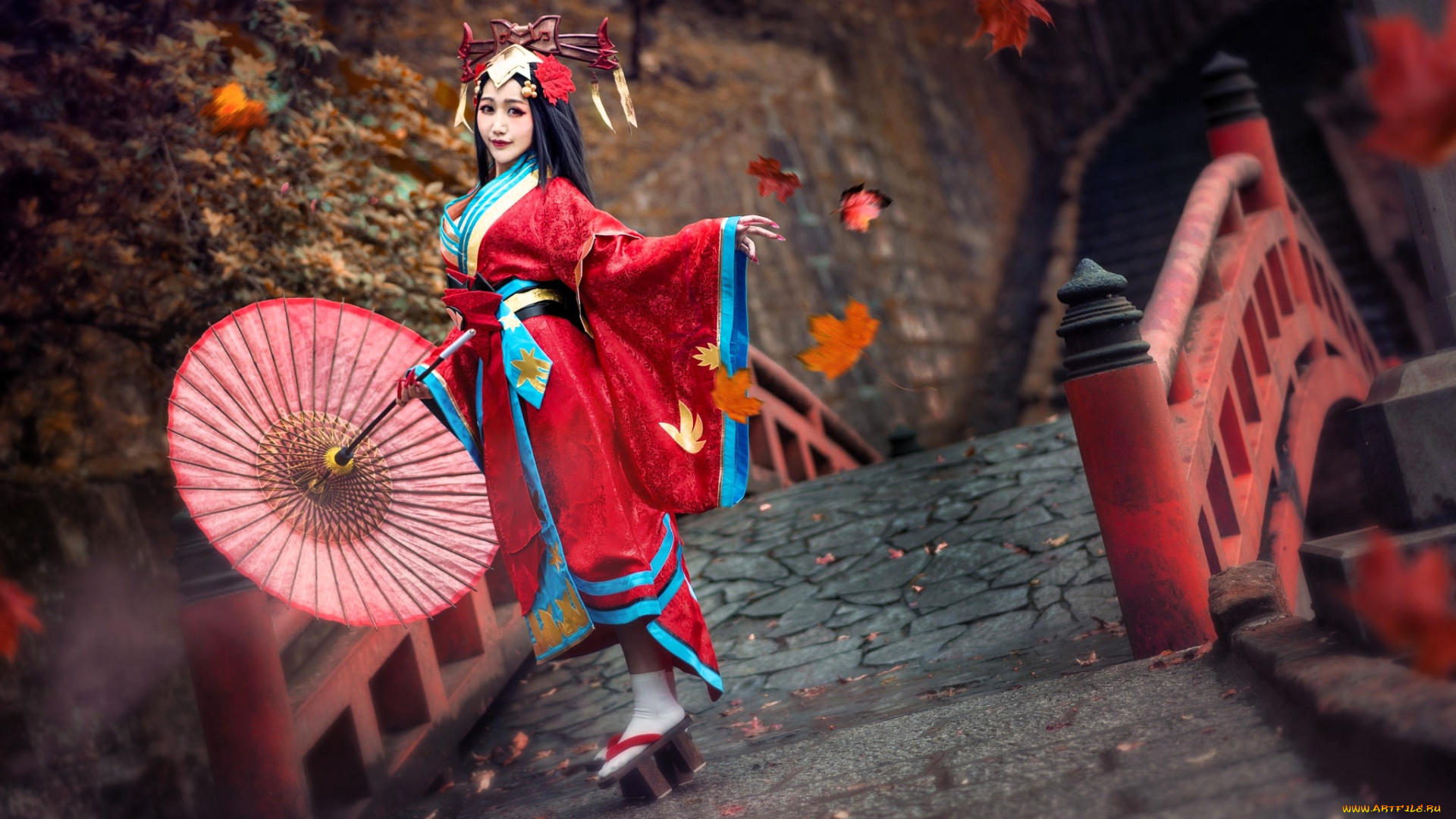 девушки, -, азиатки, образ, костюм, наряд, косплей, зонт, мост, осень