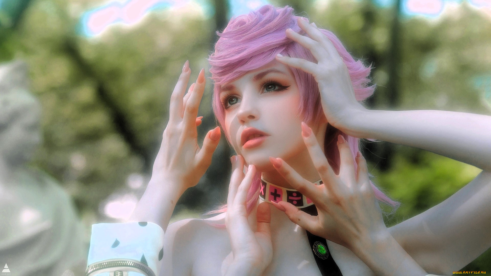 девушки, tenletters, образ, косплей, розовые, волосы, лицо, руки