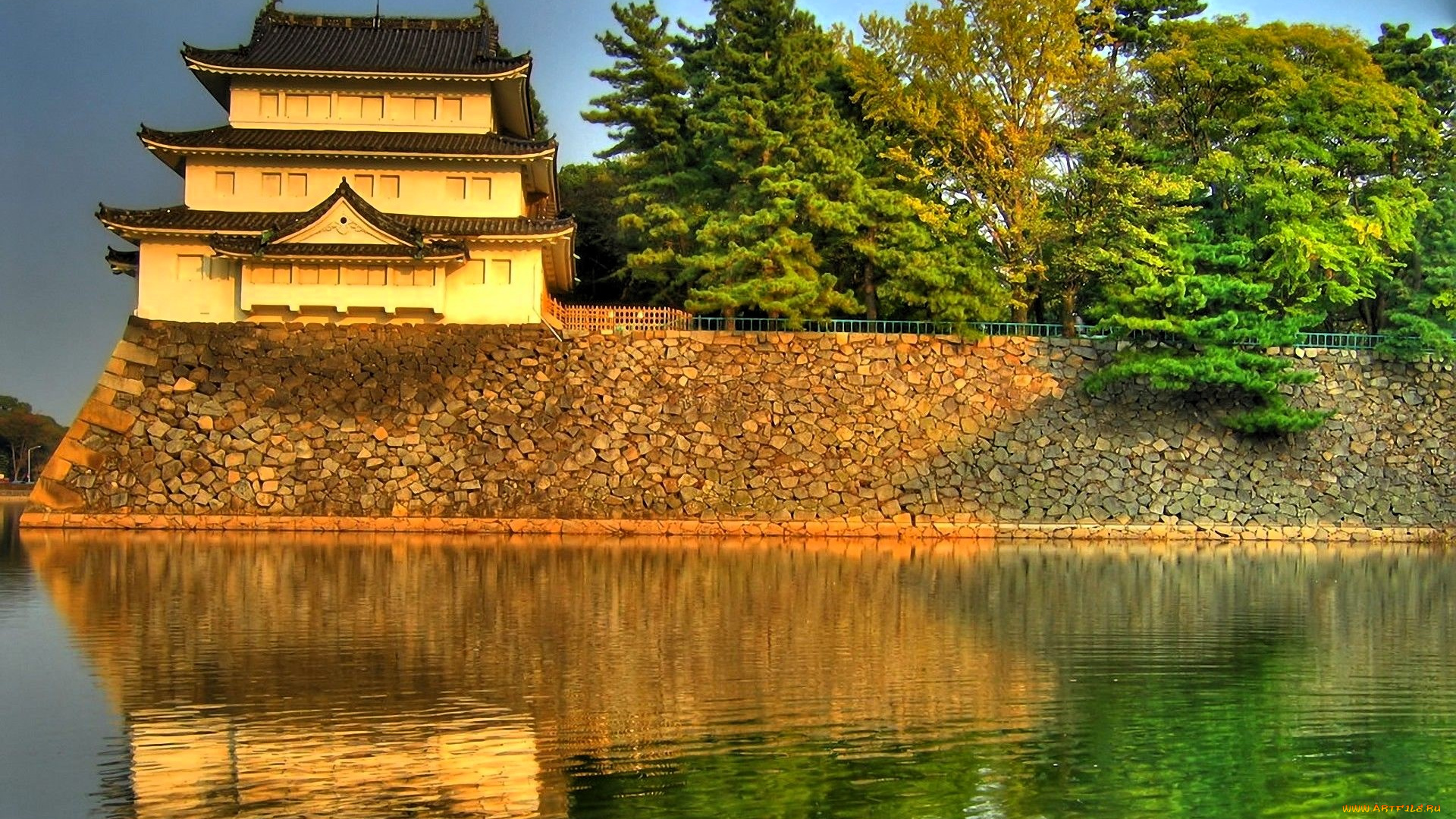 города, замки, японии, замок, япония, озеро, парк, стена, деревья