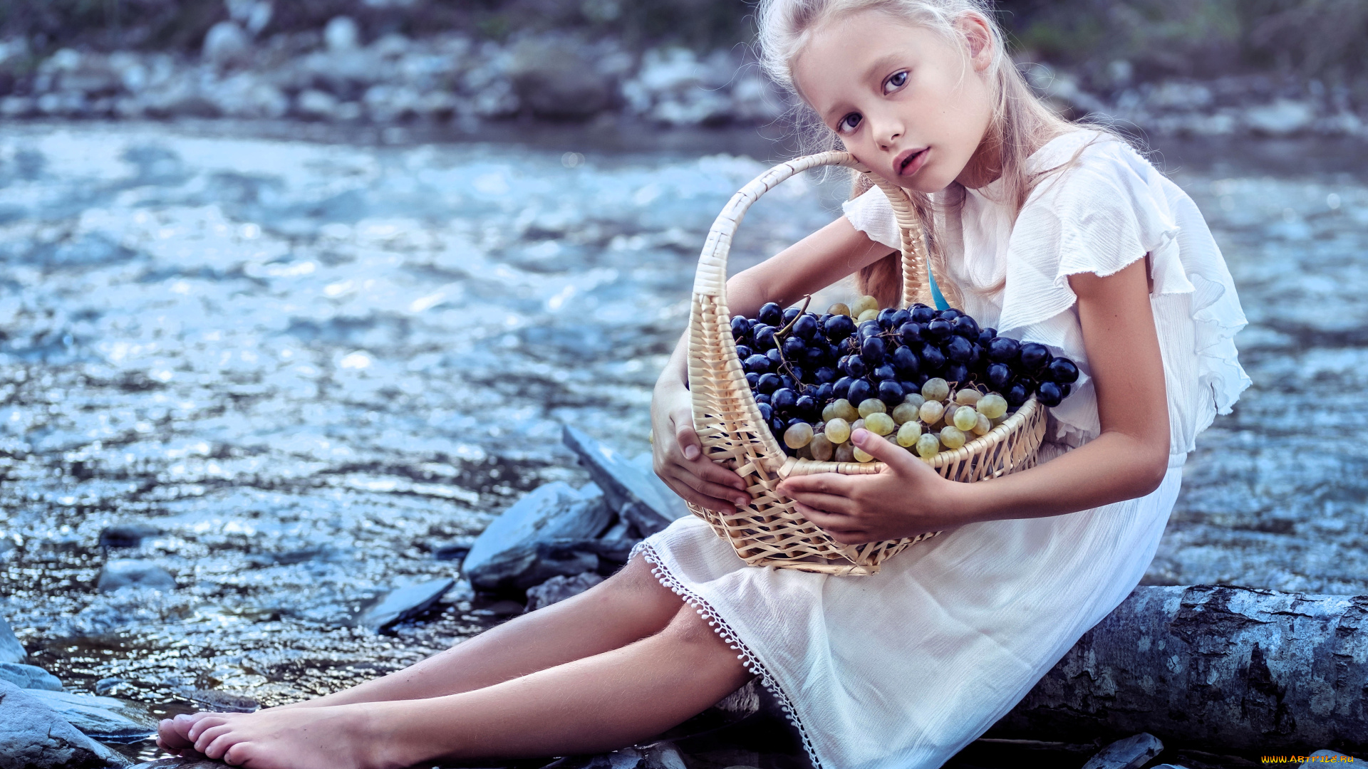 разное, дети, девочка, ребенок, платье, корзина, виноград, река, камни