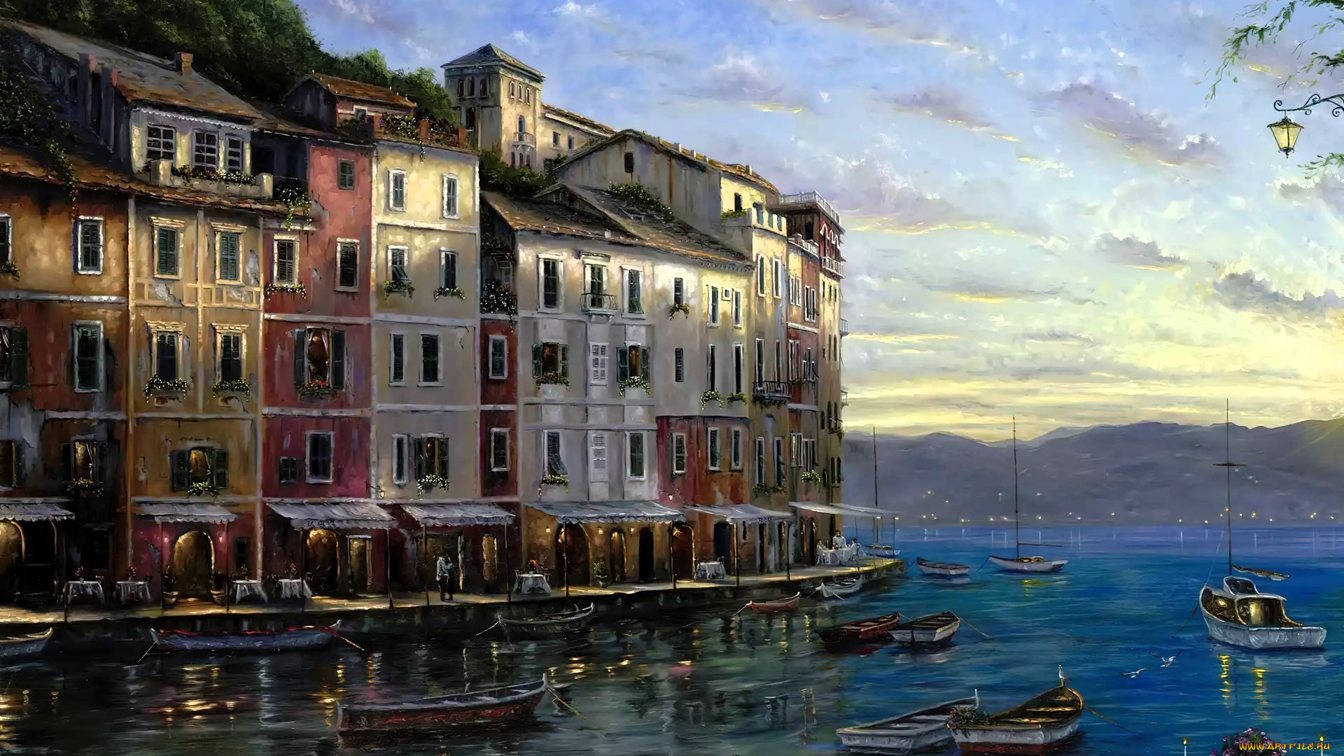 рисованное, robert, finale, дома, озеро, горы, лодки