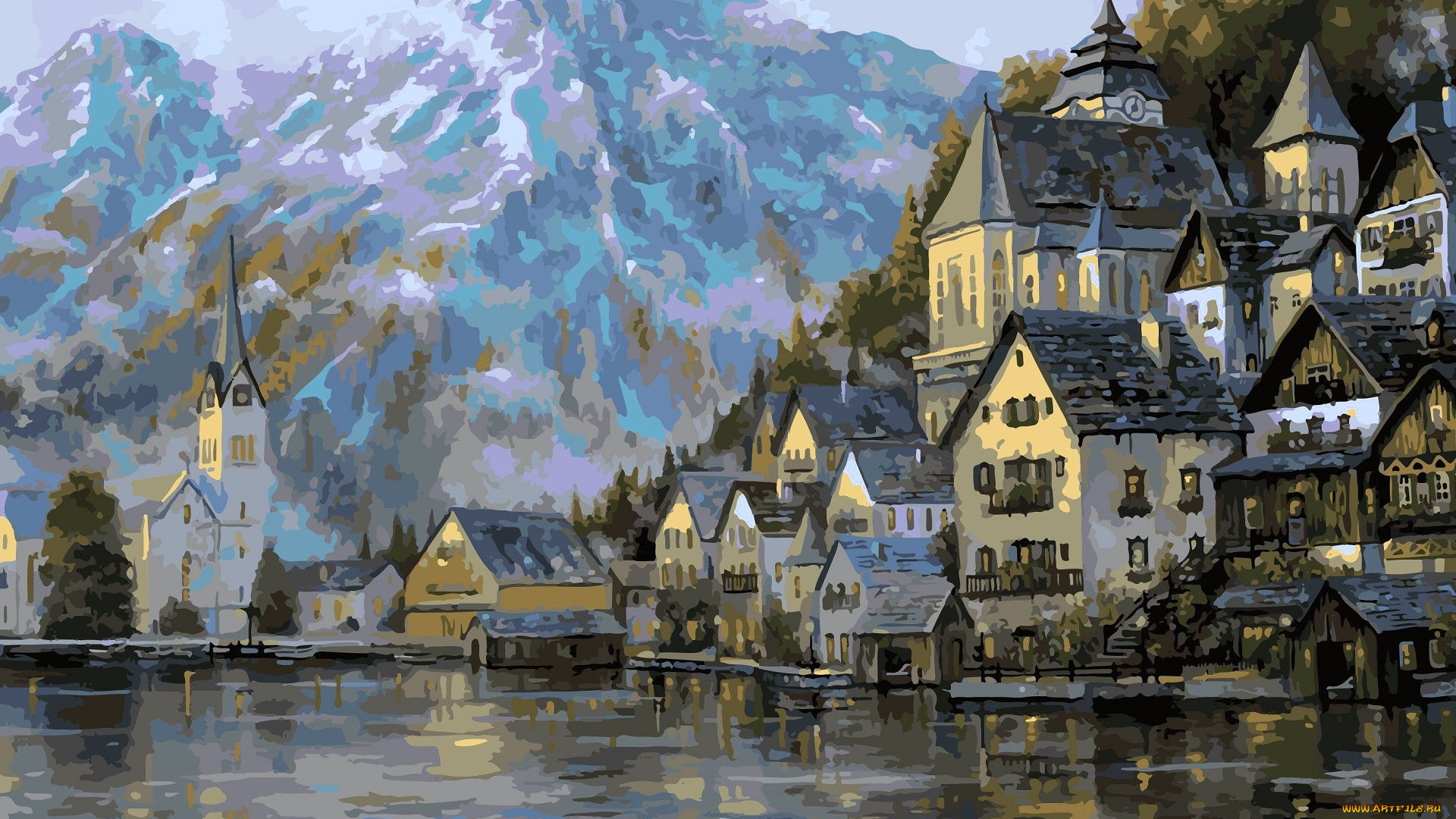 рисованное, robert, finale, горы, лес, осень, дома, озеро