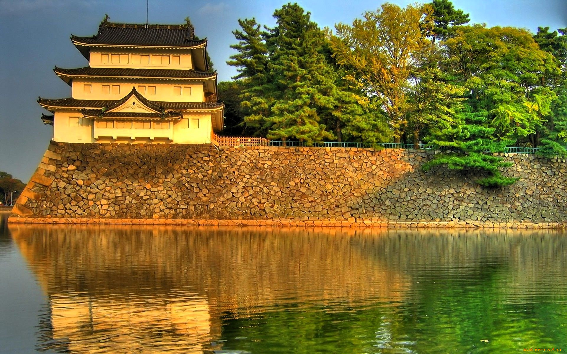 города, замки, японии, замок, япония, озеро, парк, стена, деревья