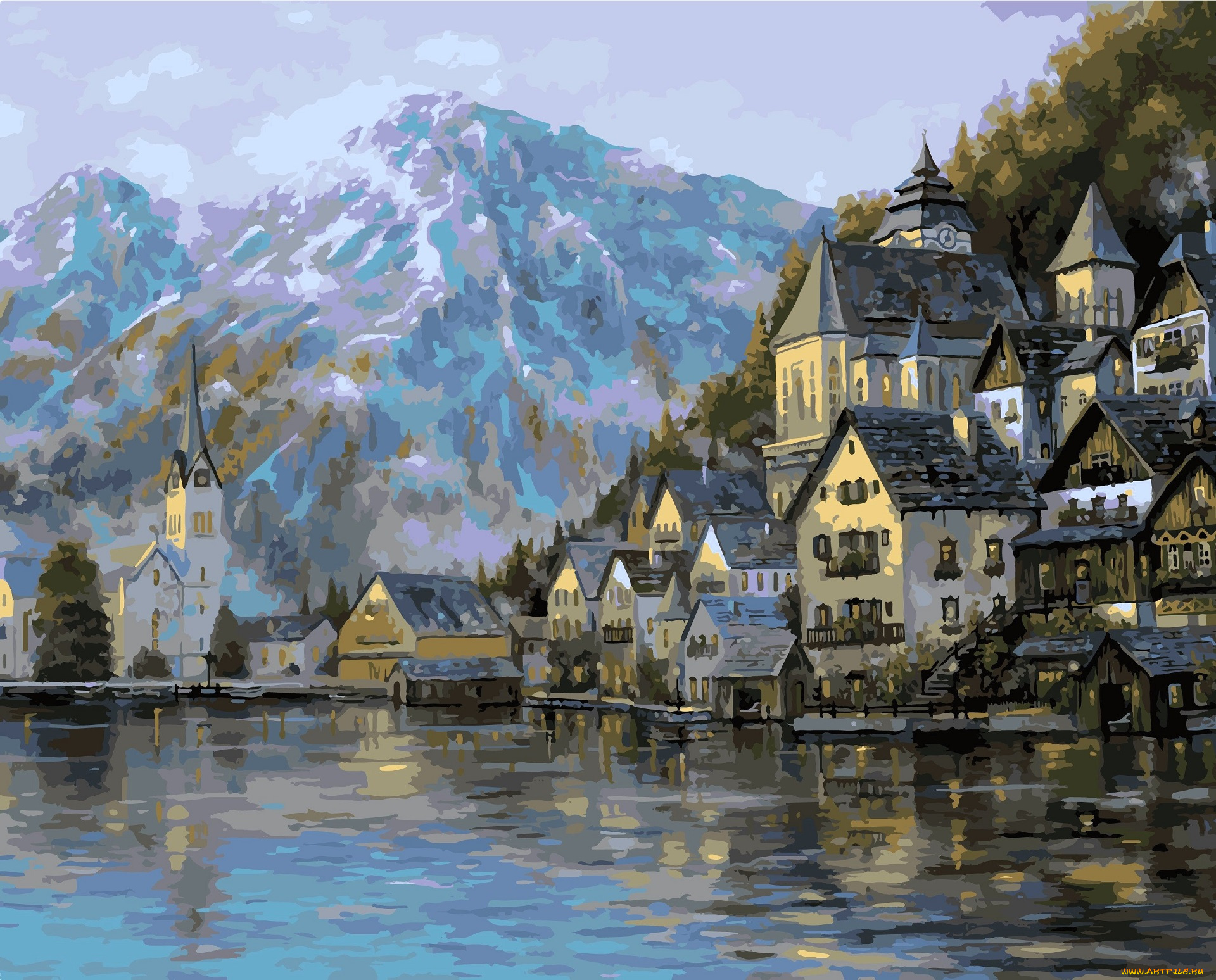 рисованное, robert, finale, горы, лес, осень, дома, озеро