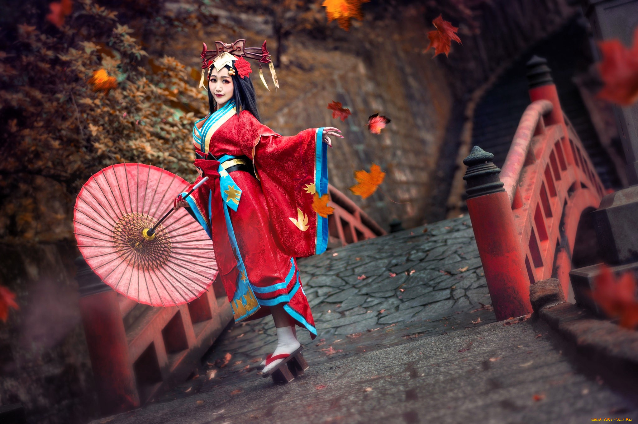 девушки, -, азиатки, образ, костюм, наряд, косплей, зонт, мост, осень