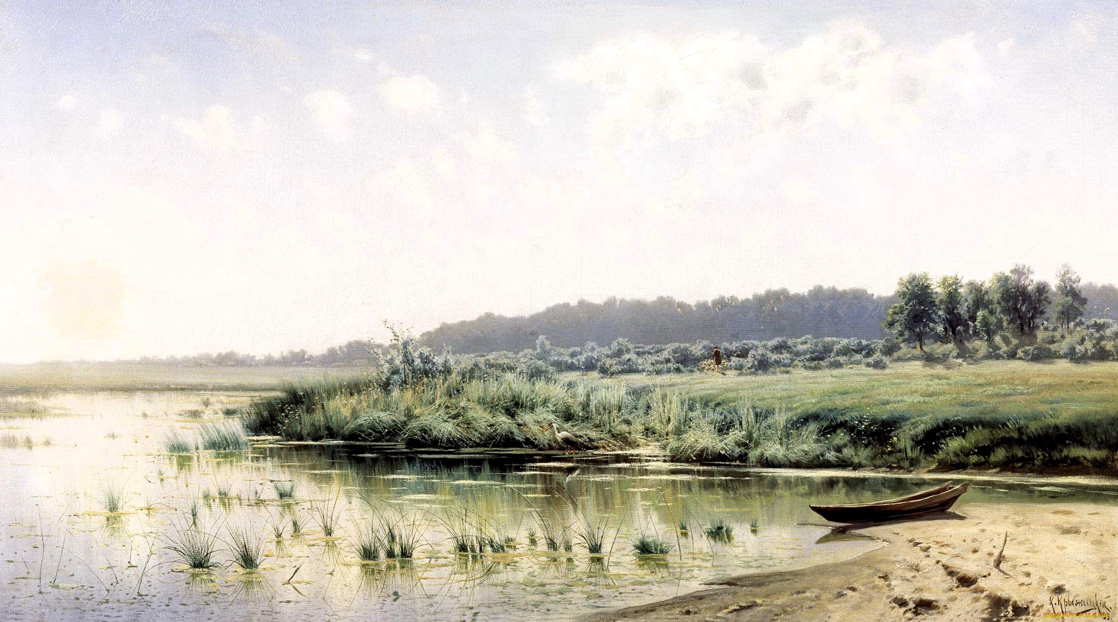 рисованное, константин, крыжицкий, озеро, лодка, берега, трава, деревья, кусты