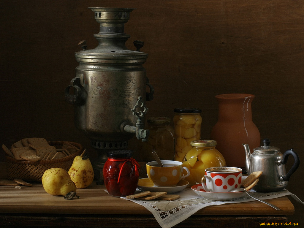 ира, быкова, большой, натюрморт, самоваром, еда