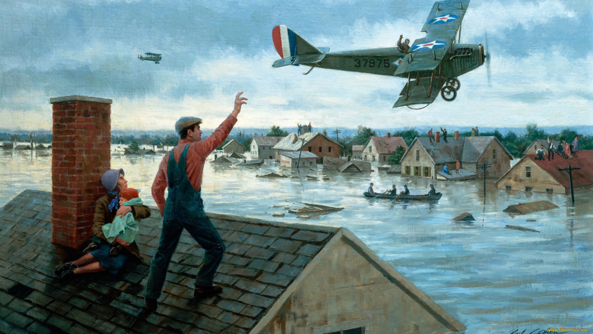 gil, cohen, рисованные, дома, наводнение, самолёт, лодка, крыша