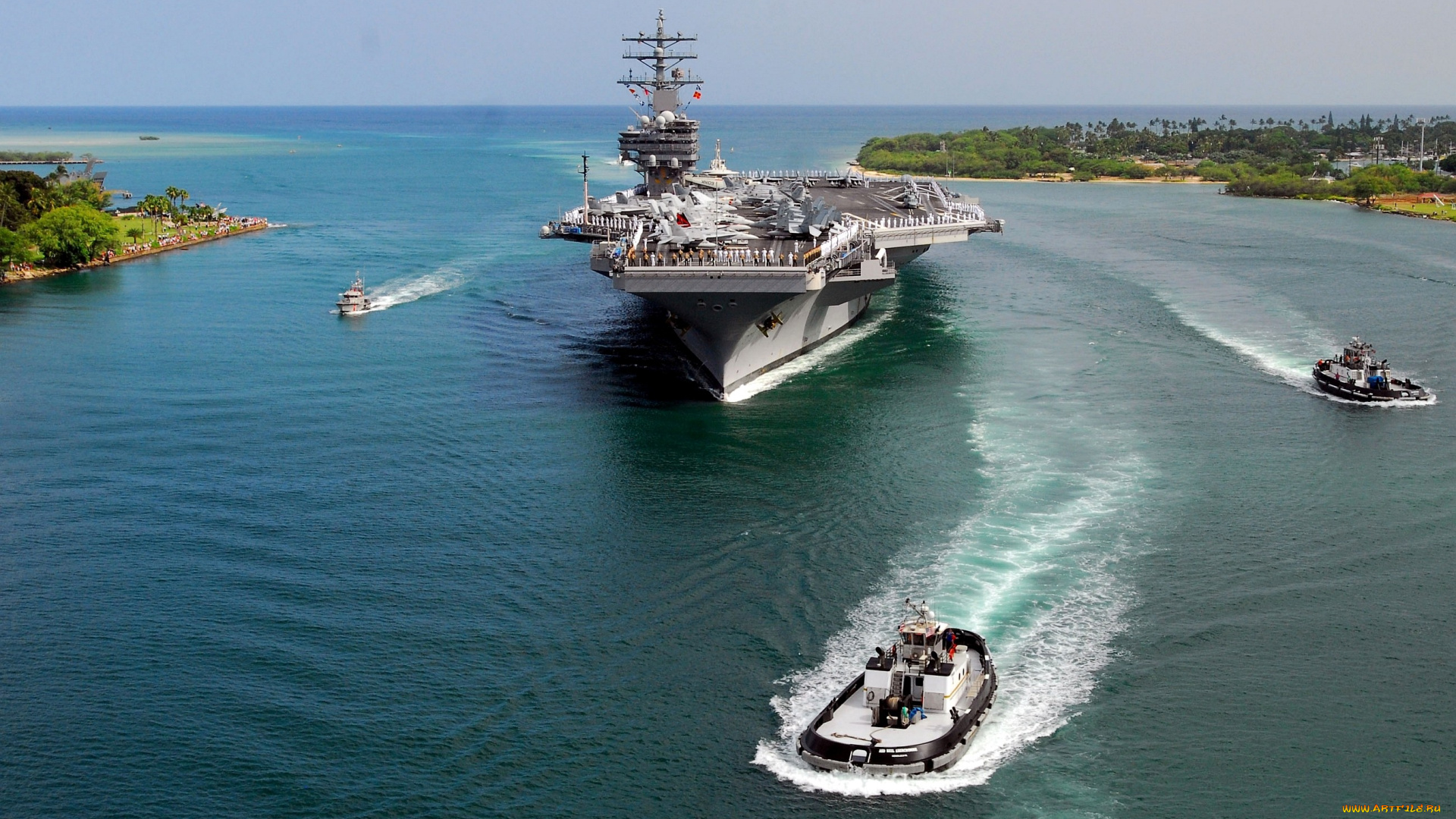корабли, разные, вместе, авианосец, самолеты, река, катера