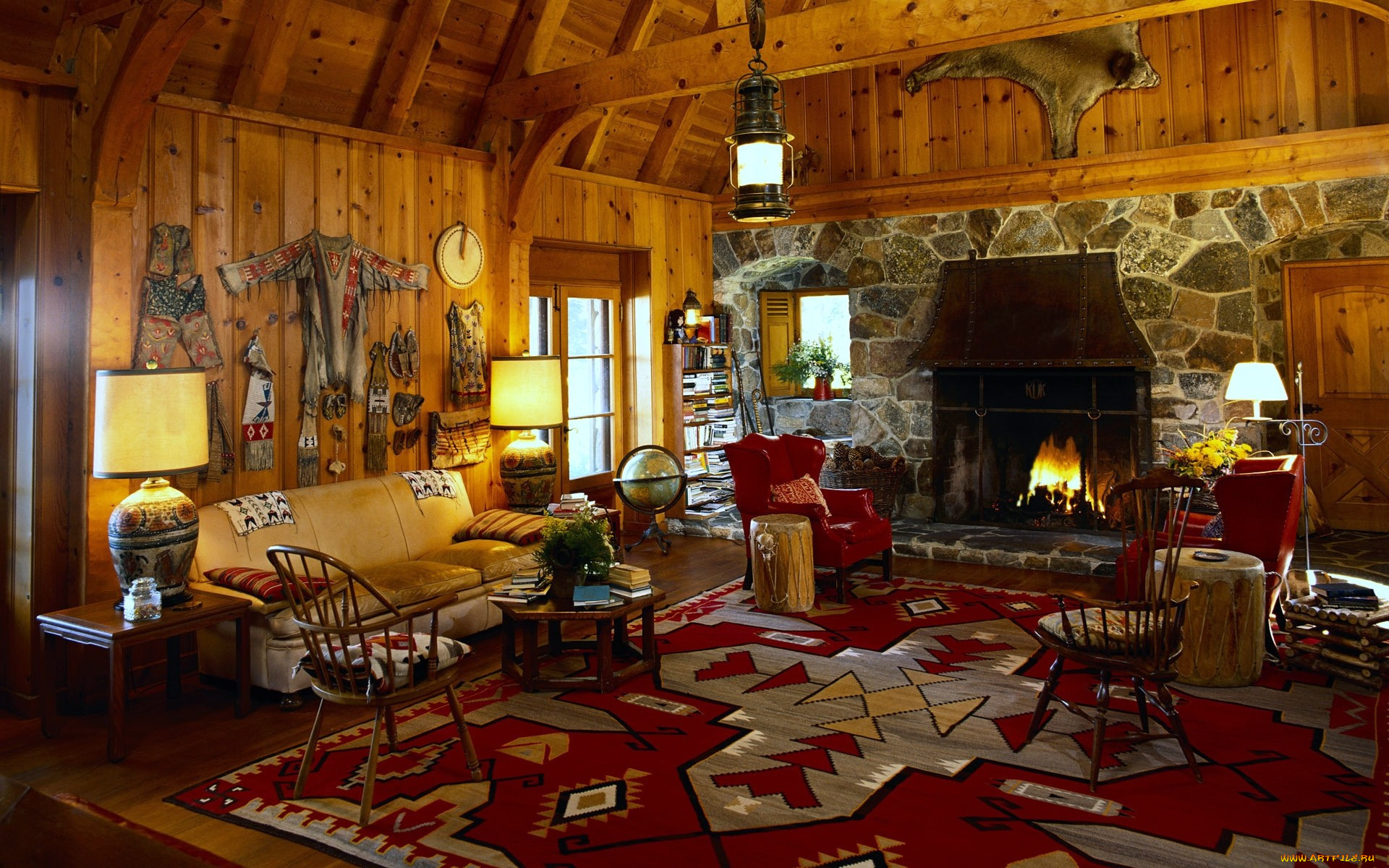 интерьер, гостиная, этнический, камин, кресло, лампы, диван, шкуры