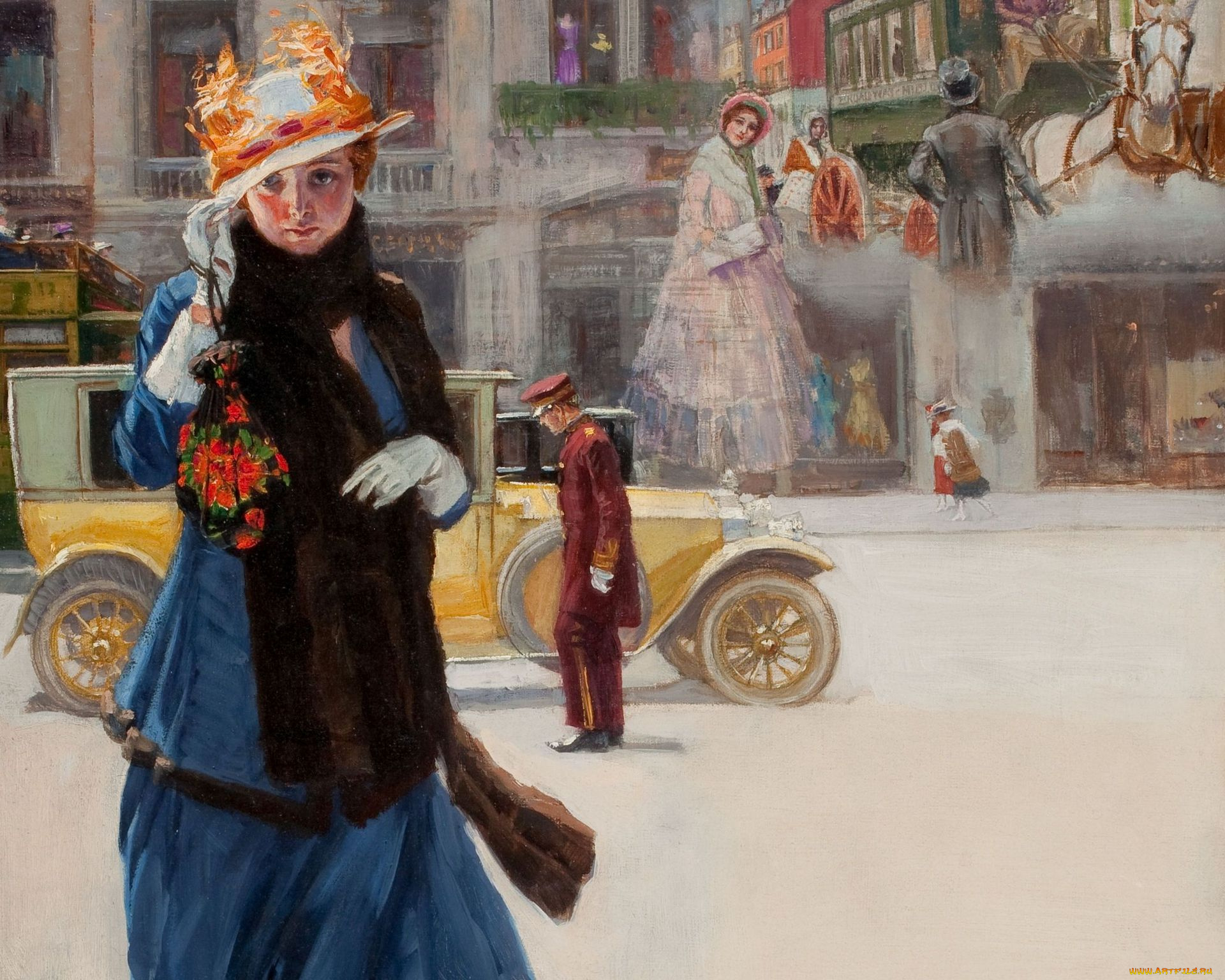 рисованные, люди, девушка, авто, ретро