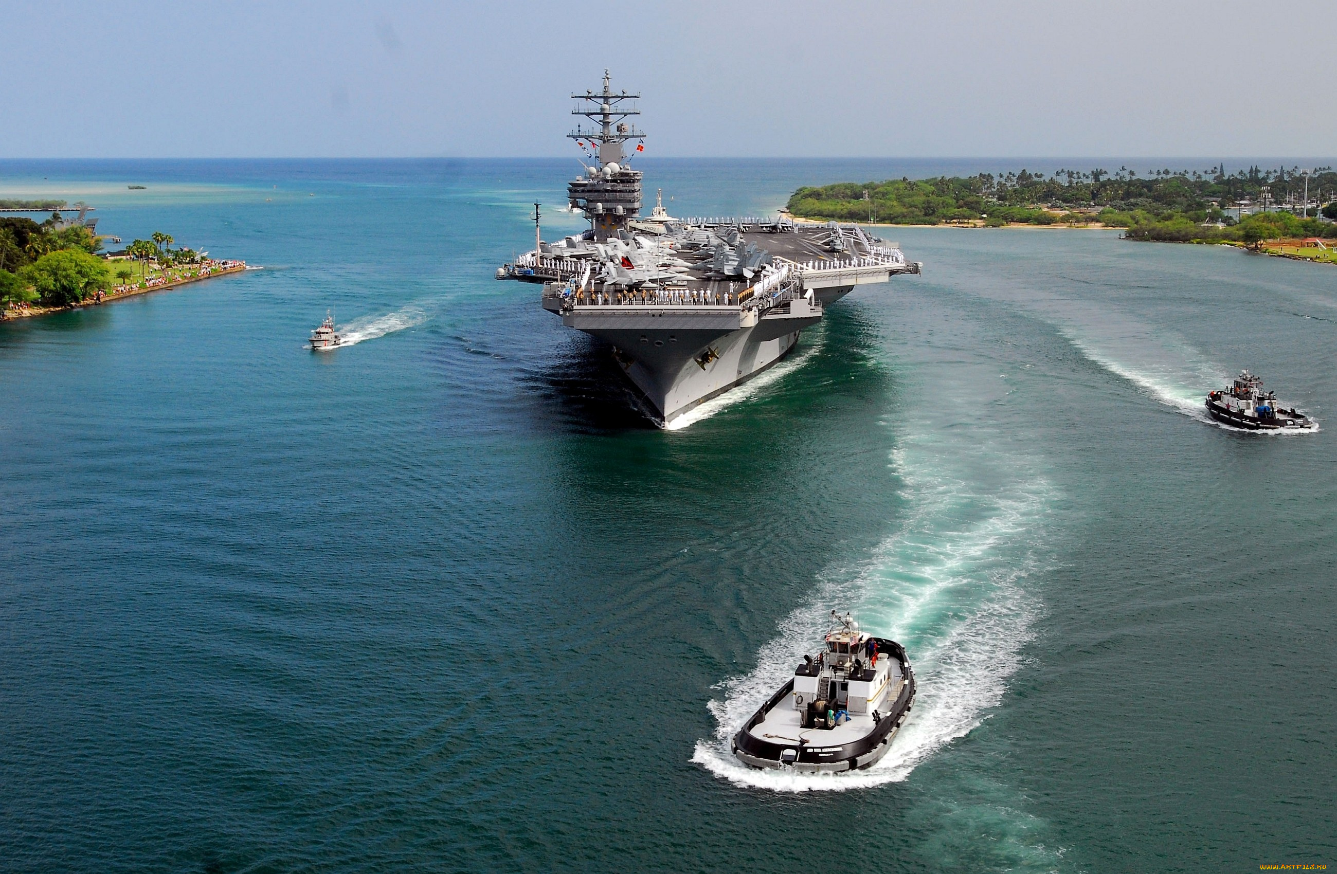 корабли, разные, вместе, авианосец, самолеты, река, катера