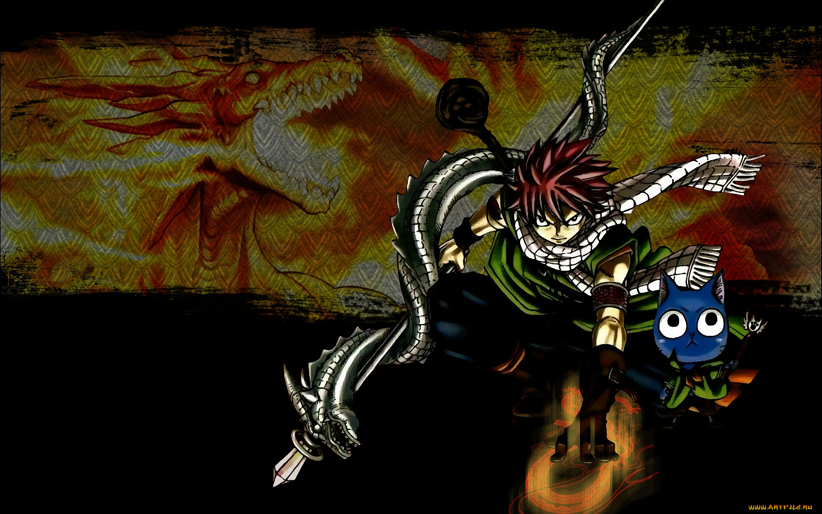 аниме, fairy, tail, синий, кот, нацу, natsu, хеппи, дракон
