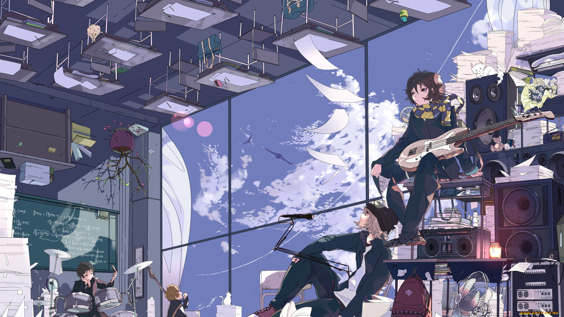 by, hpknight, аниме, -headphones, &, instrumental, бумага, колонки, ударные, гитара, стулья, парты, мяч, музыка, птицы, цветок, ребята, класс, небо, окно