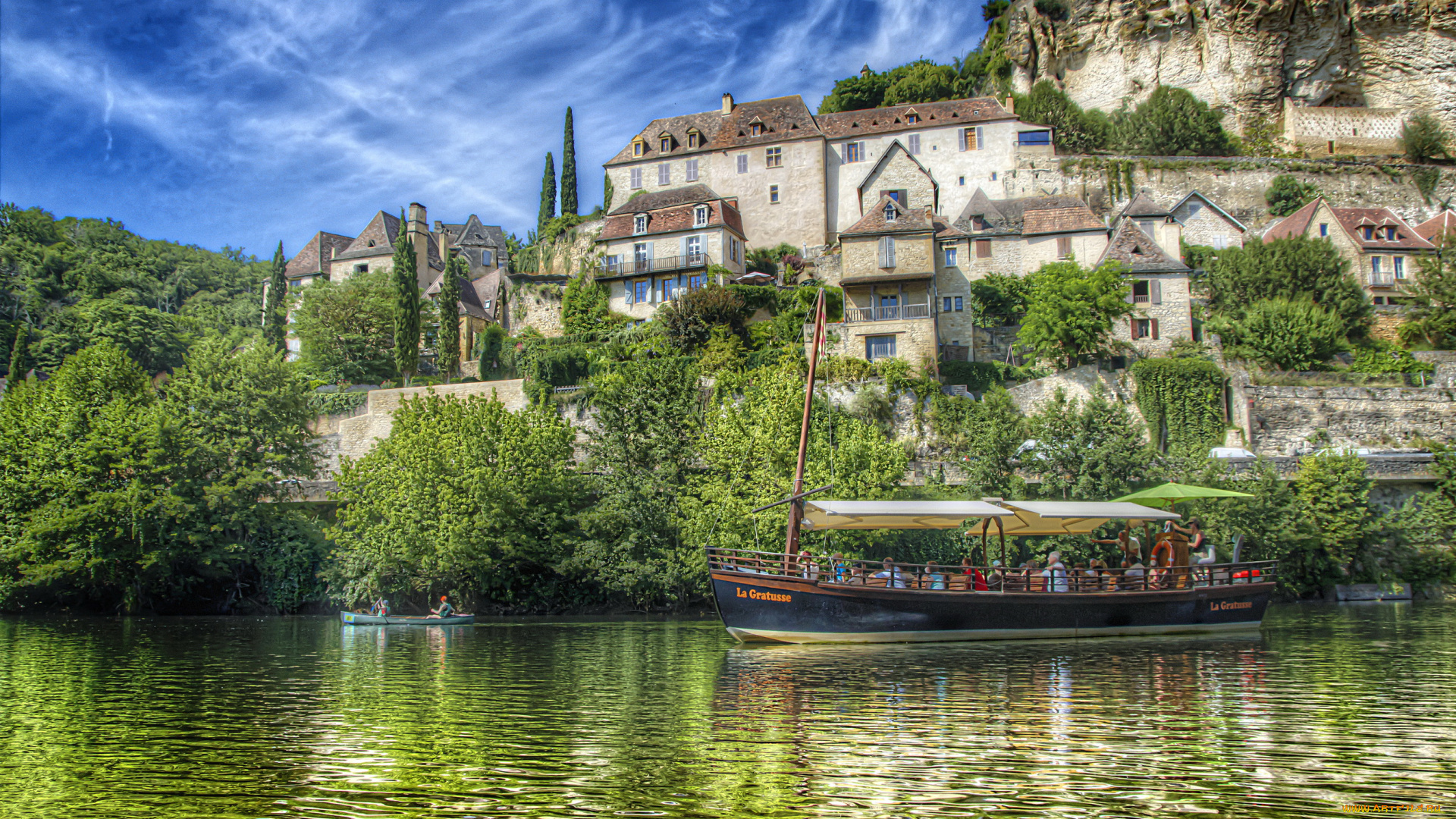 франция, аквитания, кастельно-ла-шапель, города, -, пейзажи, катер, лодка, река, деревья, дома, набережная, аквитания, франция